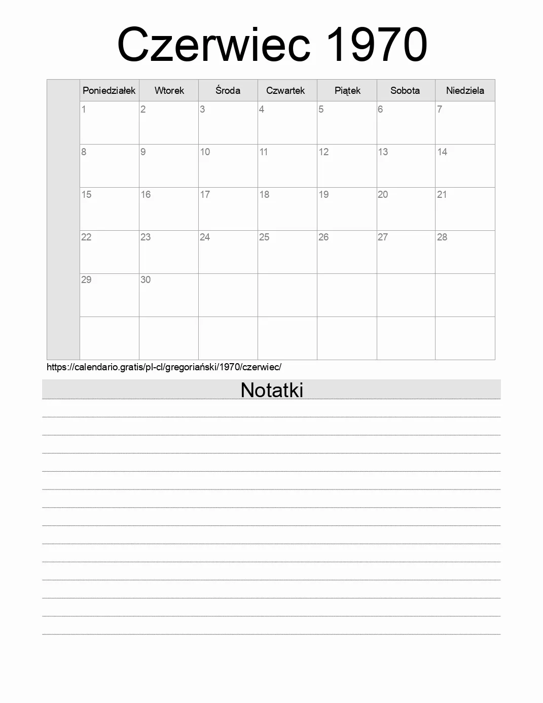 Kalendarz na Czerwiec 1970 do druku z notatkami. (Chile) Kalendarz na Czerwiec 1970 do druku z notatkami. (Chile)
