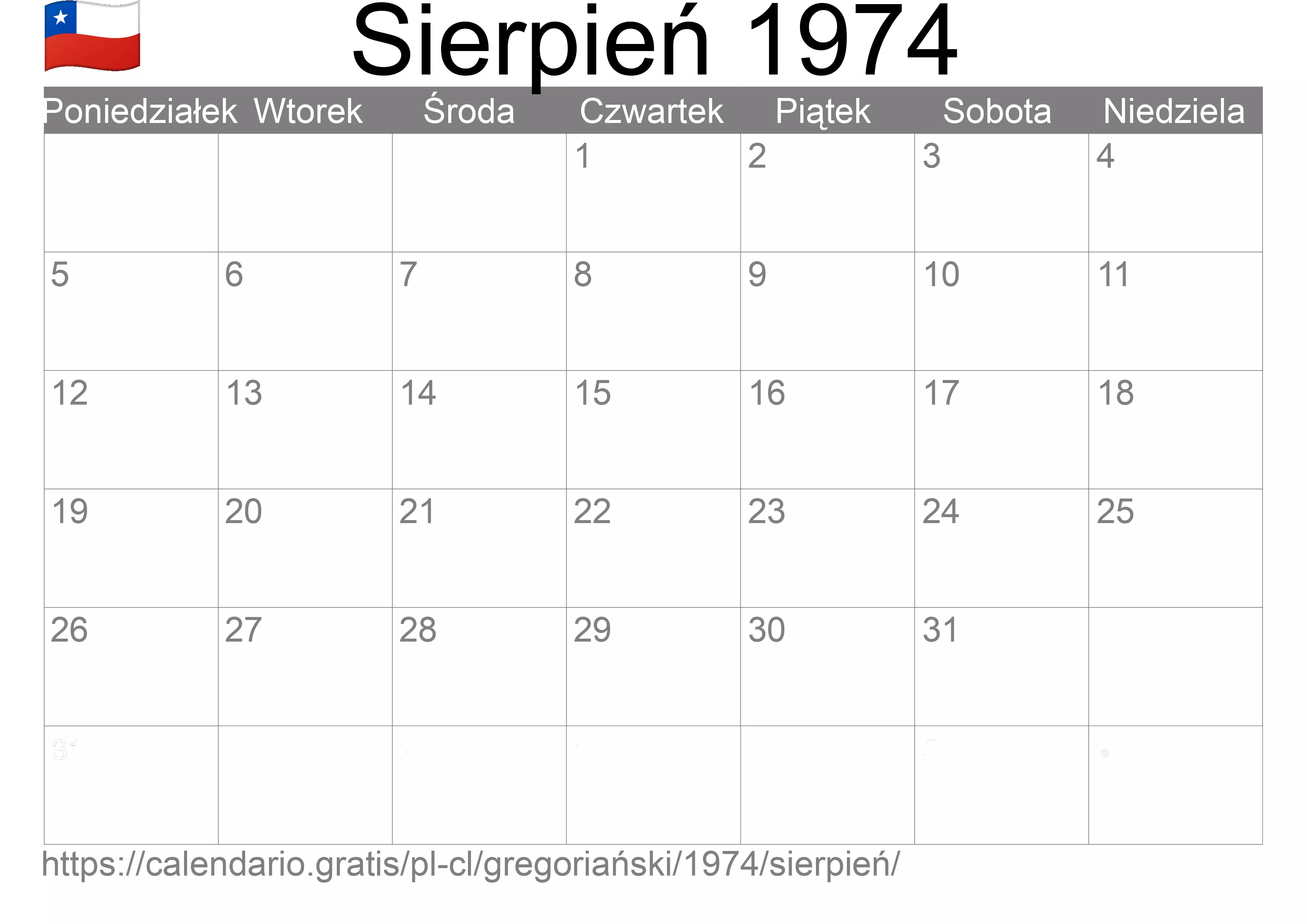 Kalendarz na Sierpień 1974 do druku (Chile) Kalendarz na Sierpień 1974 do druku (Chile)