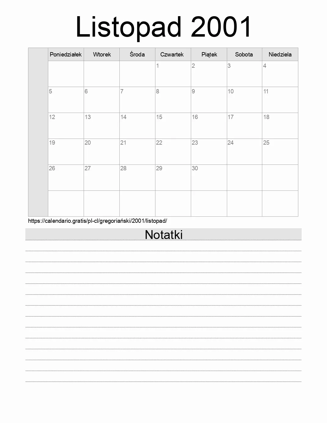 Kalendarz na Listopad 2001 do druku z notatkami. (Chile)