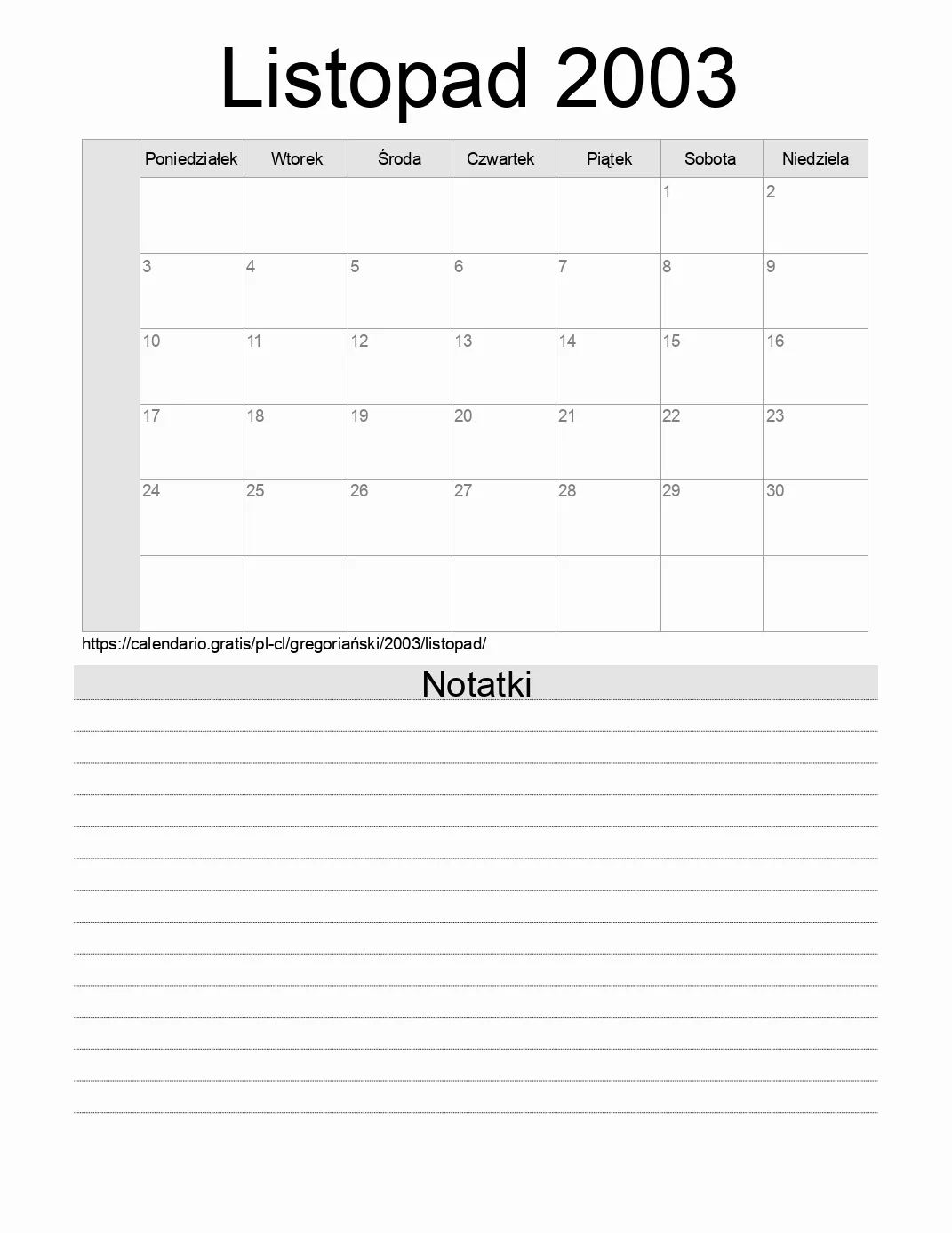 Kalendarz na Listopad 2003 do druku z notatkami. (Chile)