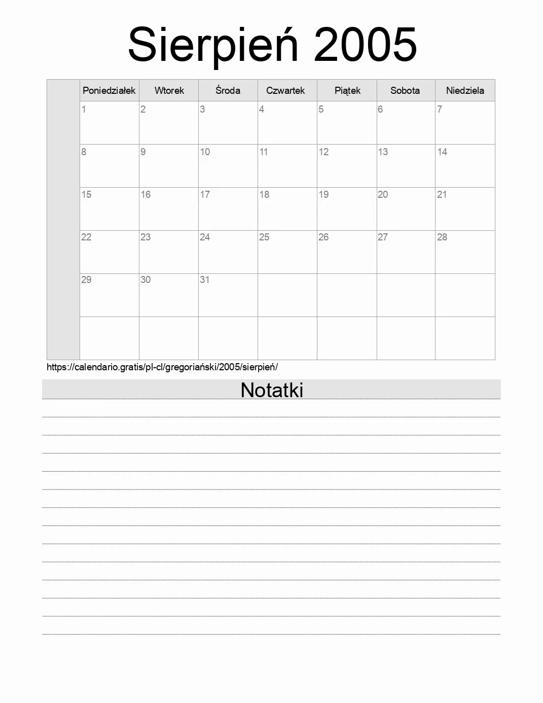 Kalendarz na Sierpień 2005 do druku z notatkami. (Chile) Kalendarz na Sierpień 2005 do druku z notatkami. (Chile)