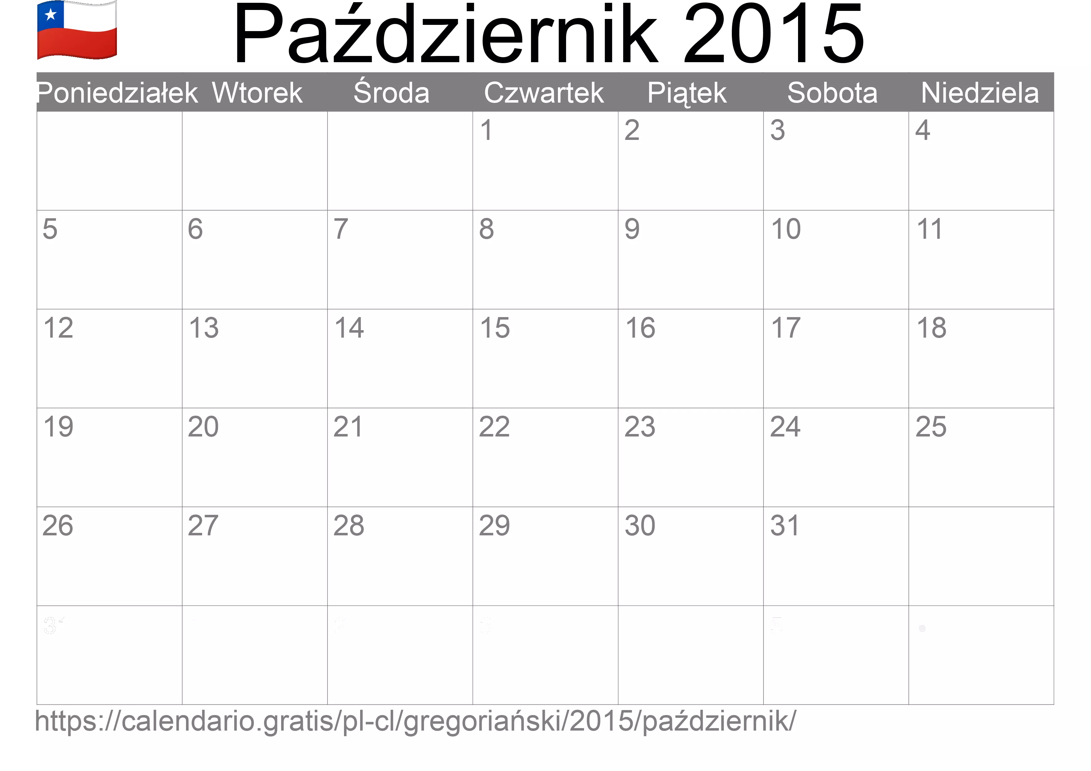 Kalendarz na Październik 2015 do druku (Chile) Kalendarz na Październik 2015 do druku (Chile)