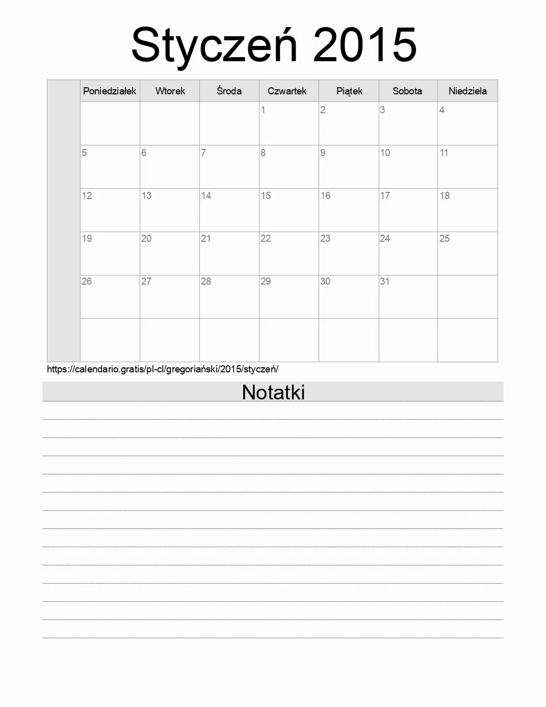 Kalendarz na Styczeń 2015 do druku z notatkami. (Chile) Kalendarz na Styczeń 2015 do druku z notatkami. (Chile)