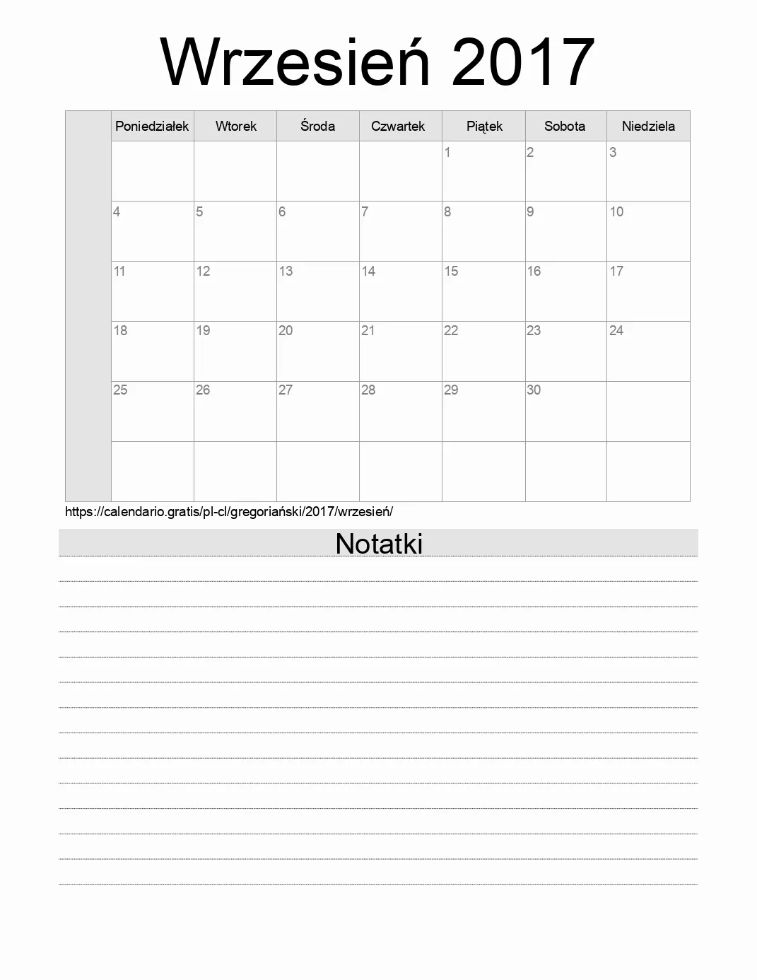 Kalendarz na Wrzesień 2017 do druku z notatkami. (Chile)