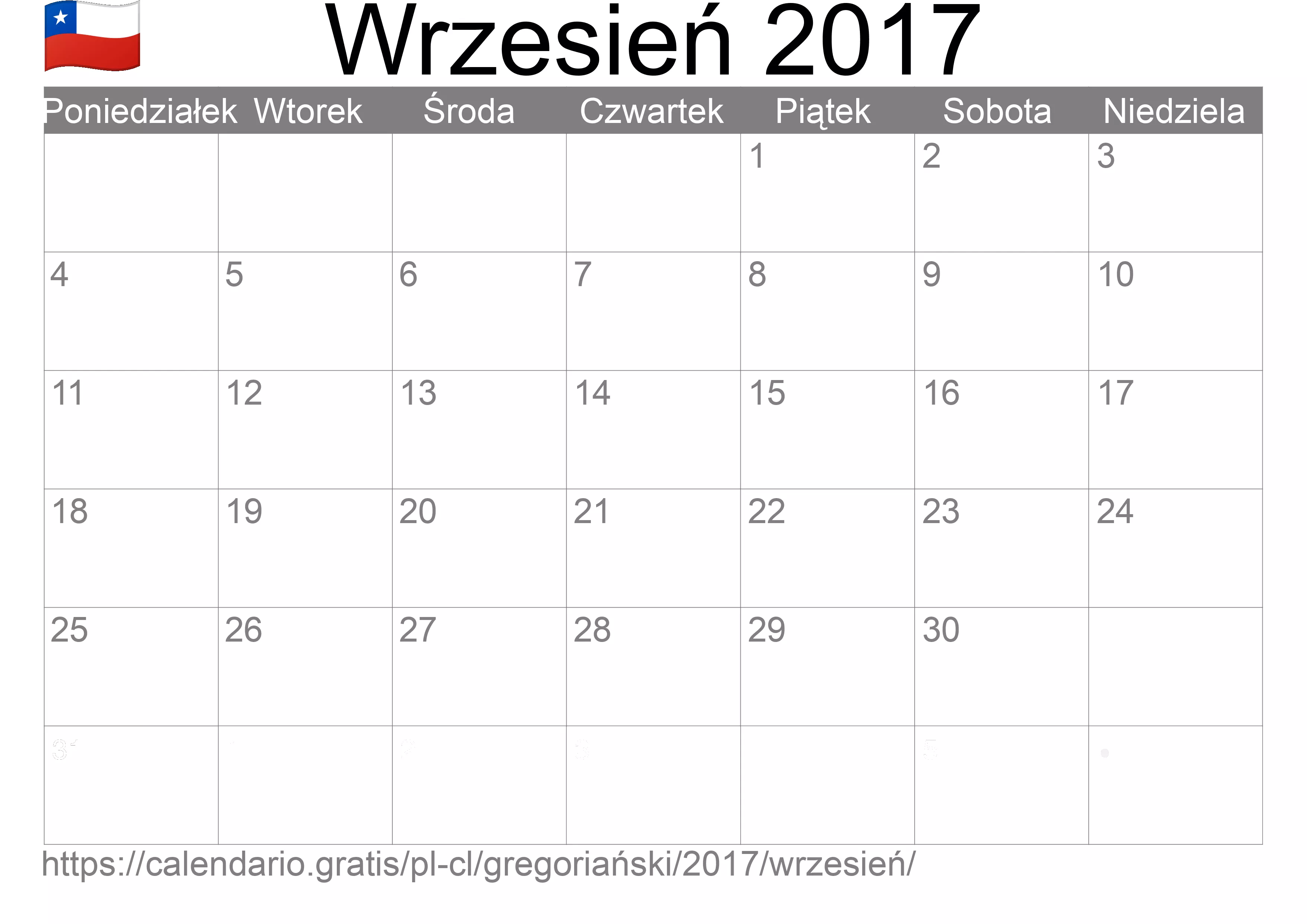 Kalendarz na Wrzesień 2017 do druku (Chile)