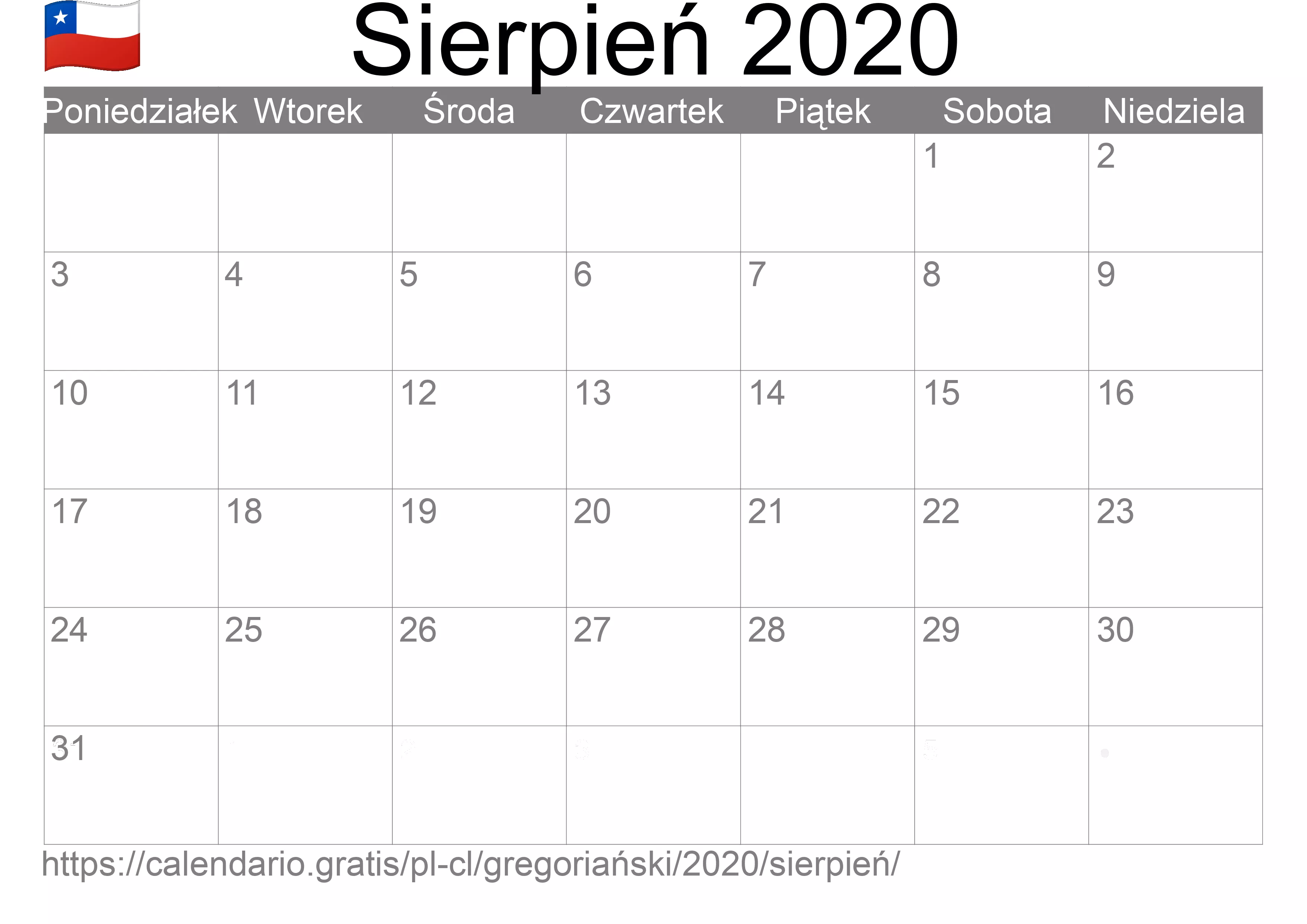 Kalendarz na Sierpień 2020 do druku (Chile) Kalendarz na Sierpień 2020 do druku (Chile)