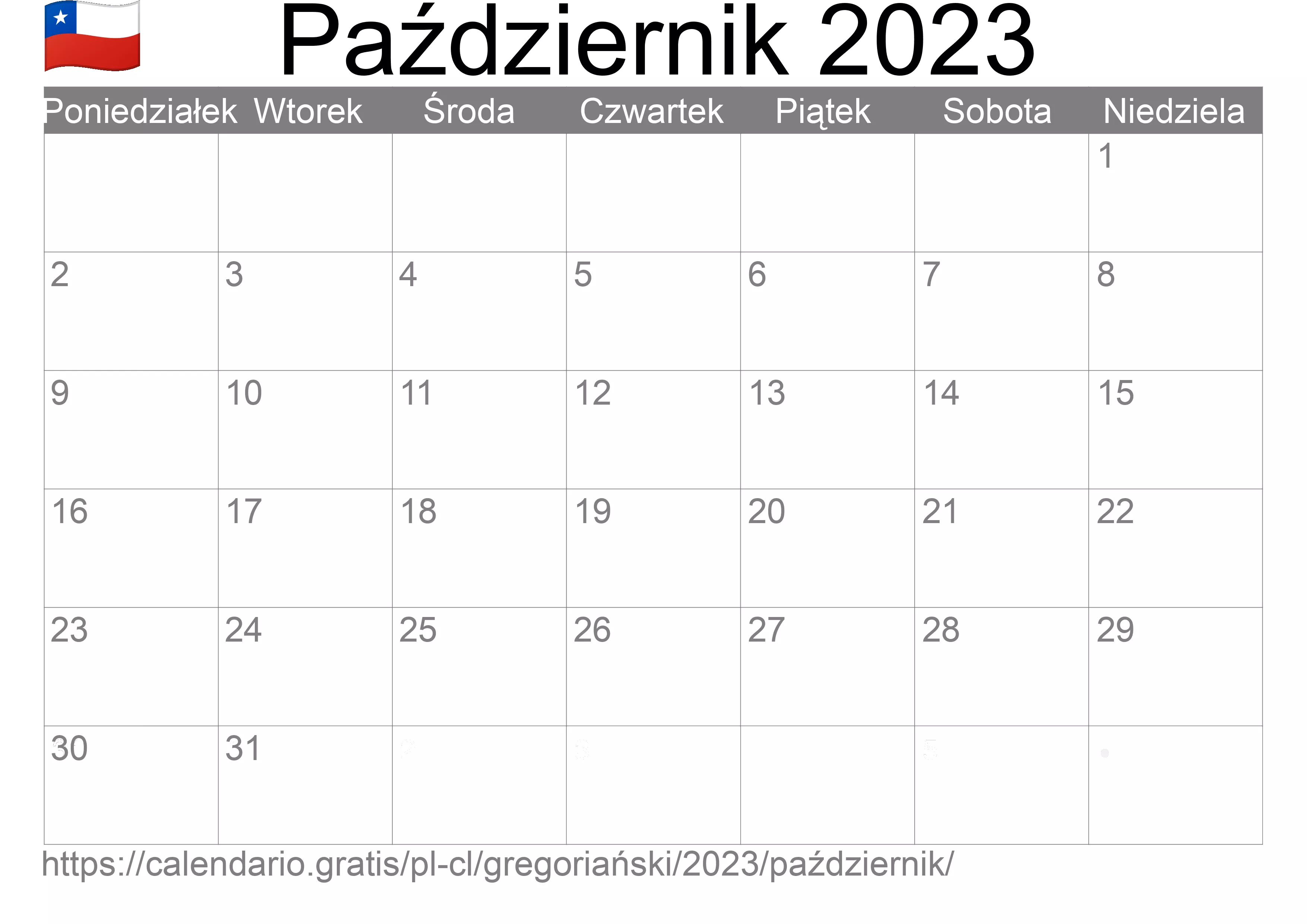 Kalendarz na Październik 2023 do druku (Chile) Kalendarz na Październik 2023 do druku (Chile)