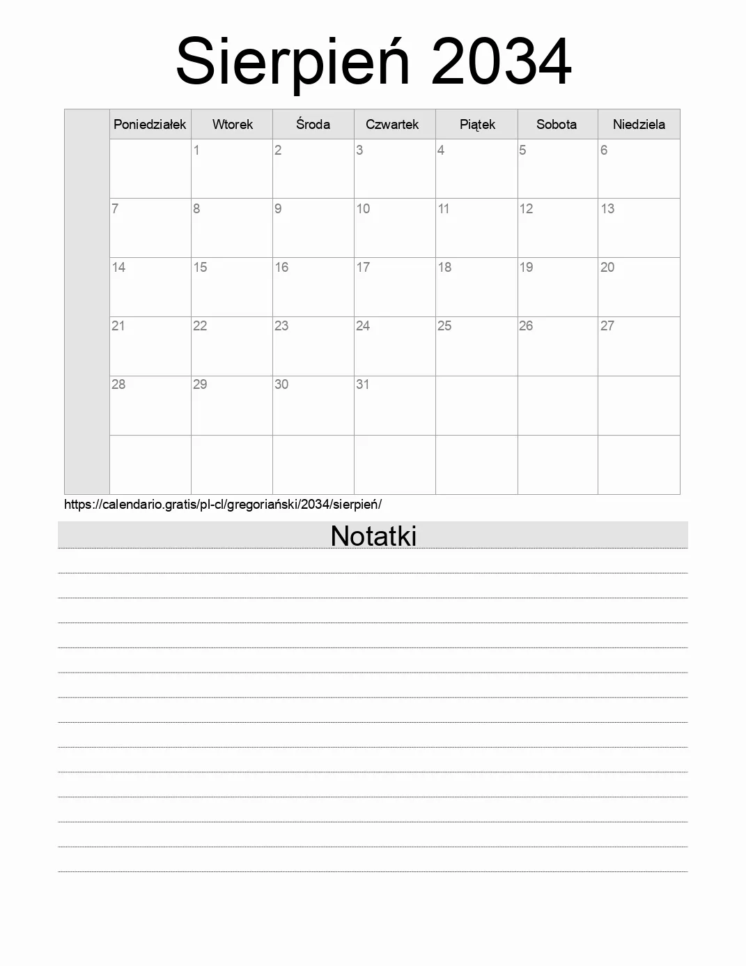 Kalendarz na Sierpień 2034 do druku z notatkami. (Chile) Kalendarz na Sierpień 2034 do druku z notatkami. (Chile)