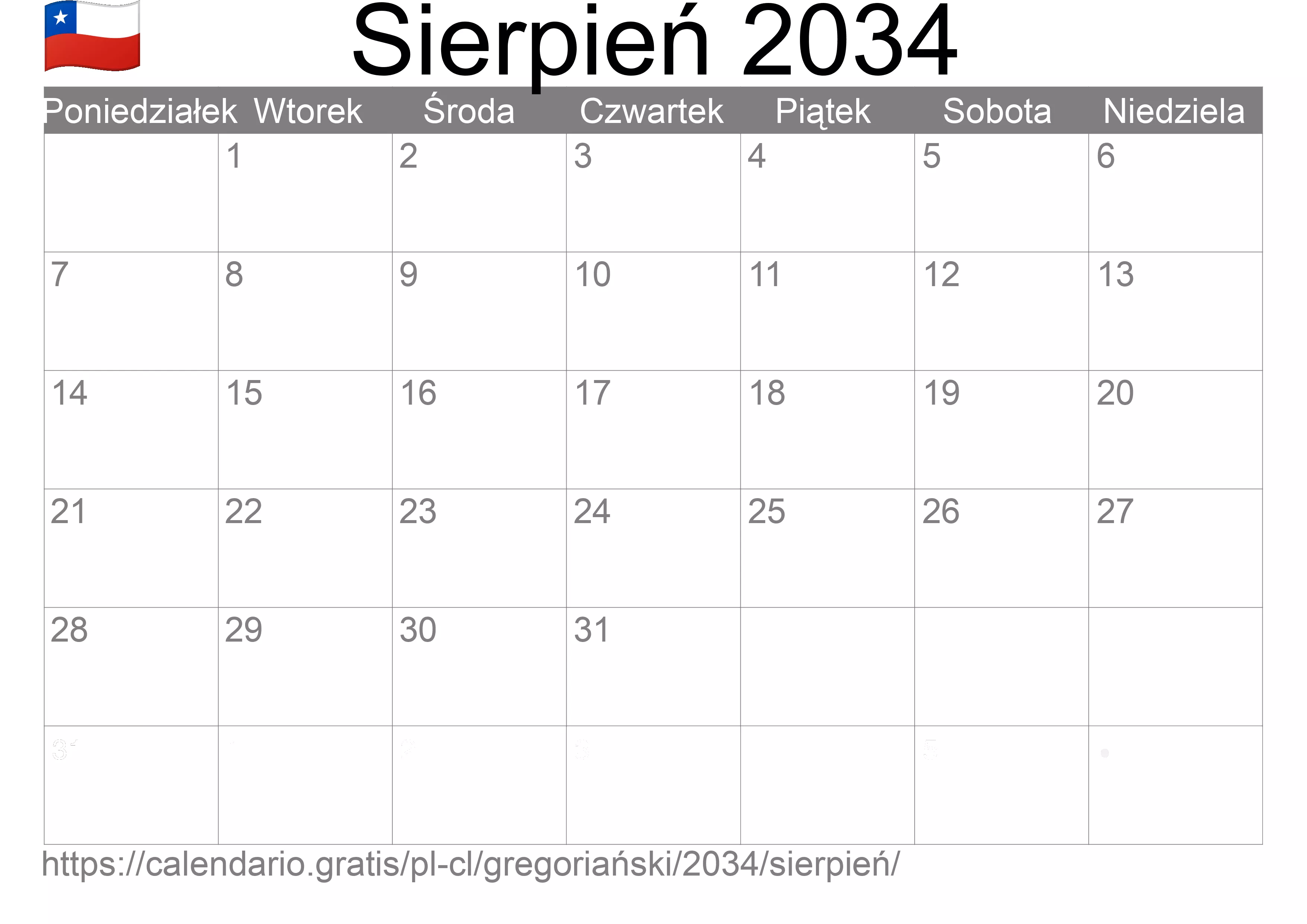 Kalendarz na Sierpień 2034 do druku (Chile) Kalendarz na Sierpień 2034 do druku (Chile)