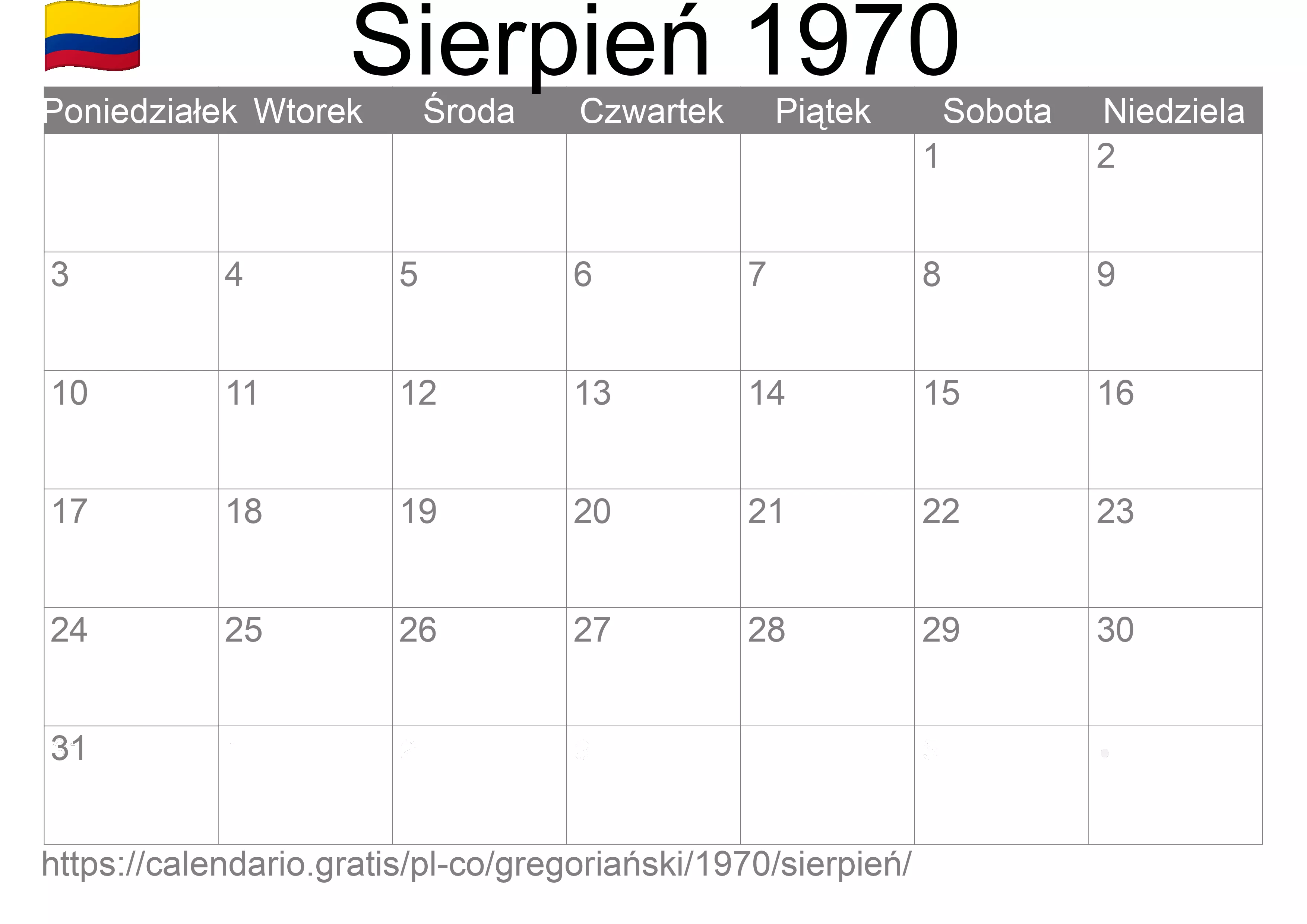 Kalendarz na Sierpień 1970 do druku (Kolumbia)