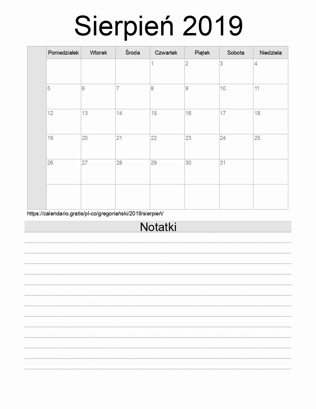 Kalendarz na Sierpień 2019 do druku z notatkami. (Kolumbia) Kalendarz na Sierpień 2019 do druku z notatkami. (Kolumbia)