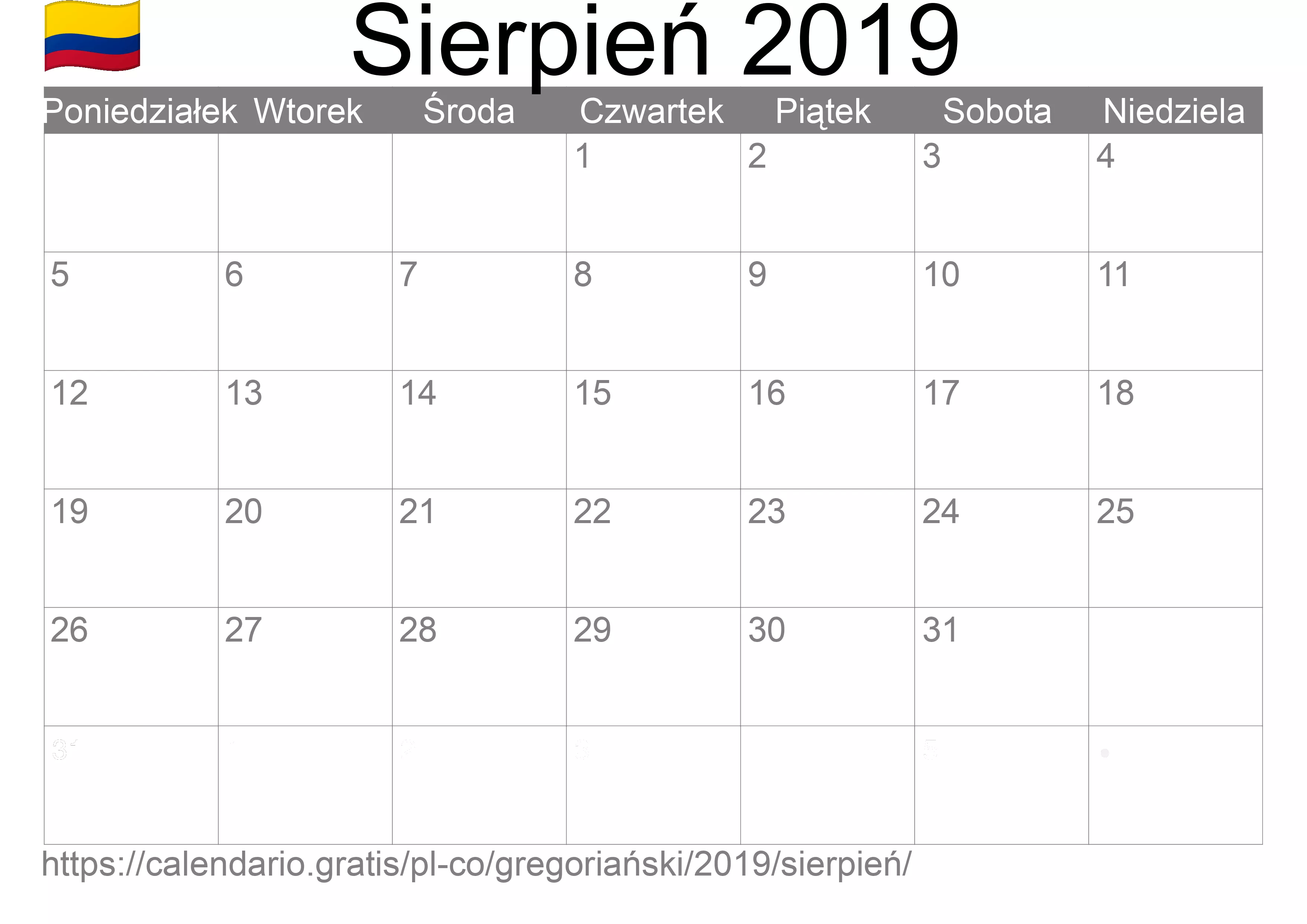 Kalendarz na Sierpień 2019 do druku (Kolumbia) Kalendarz na Sierpień 2019 do druku (Kolumbia)