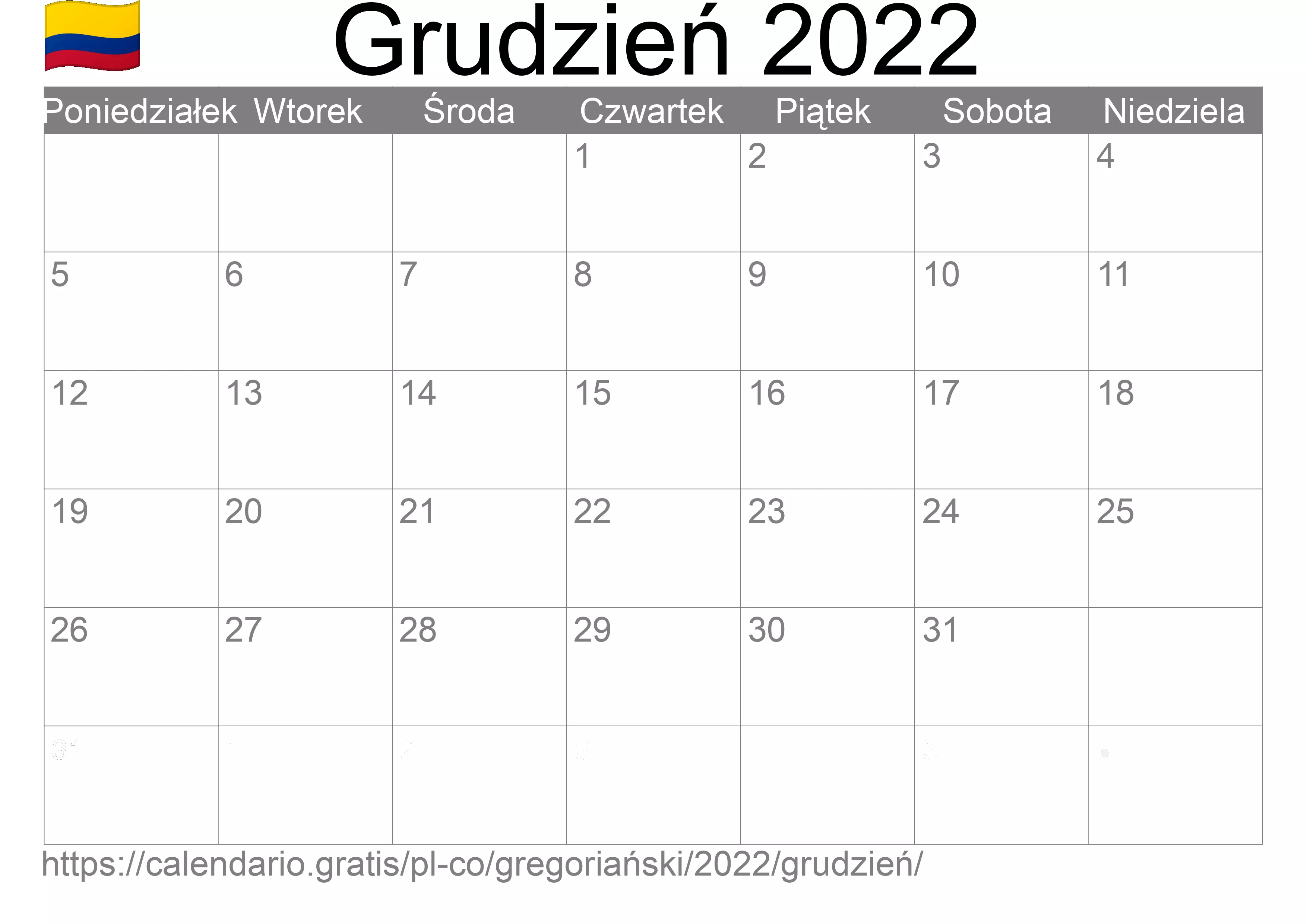 Kalendarz na Grudzień 2022 do druku (Kolumbia) Kalendarz na Grudzień 2022 do druku (Kolumbia)