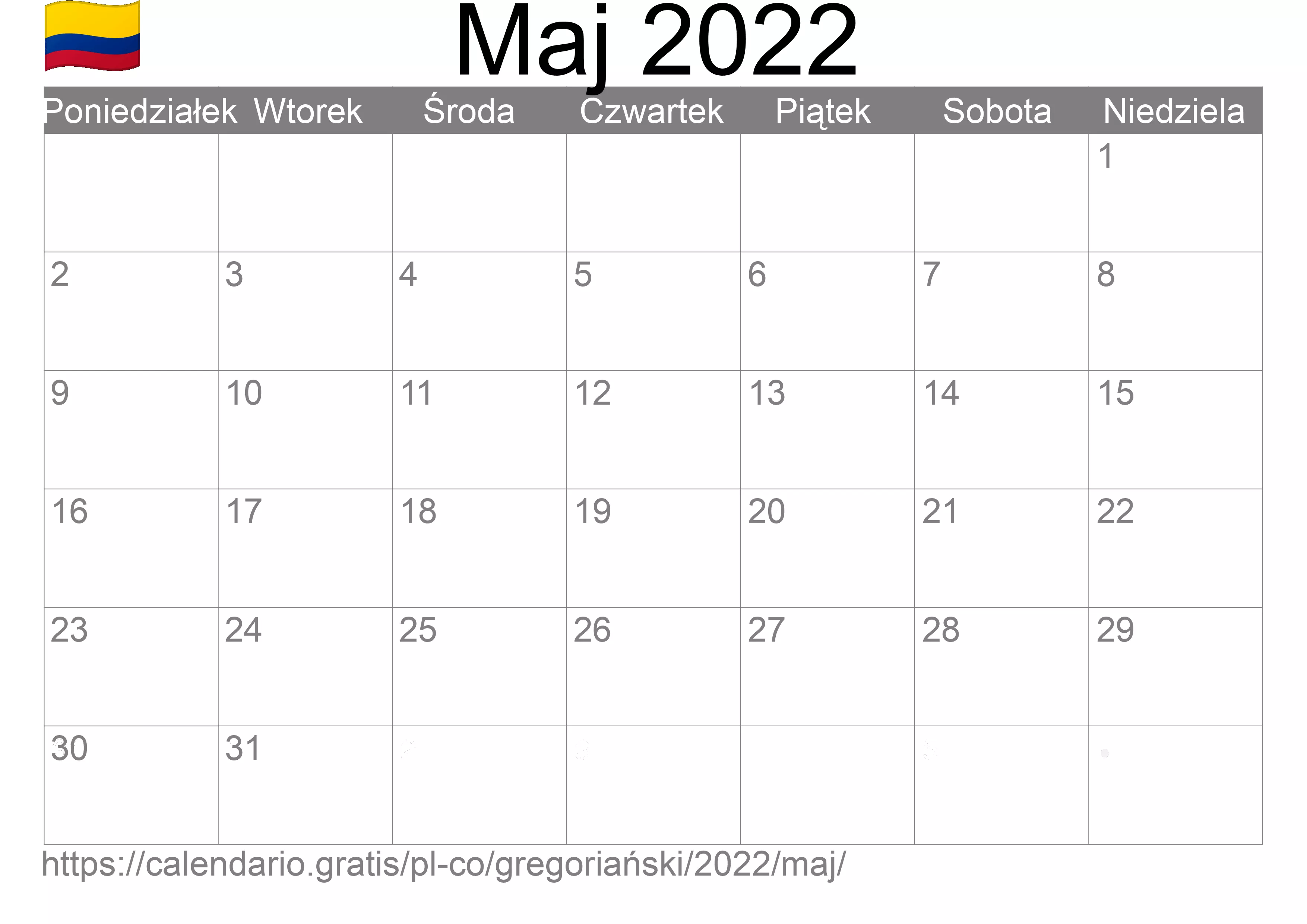 Kalendarz na Maj 2022 do druku (Kolumbia) Kalendarz na Maj 2022 do druku (Kolumbia)