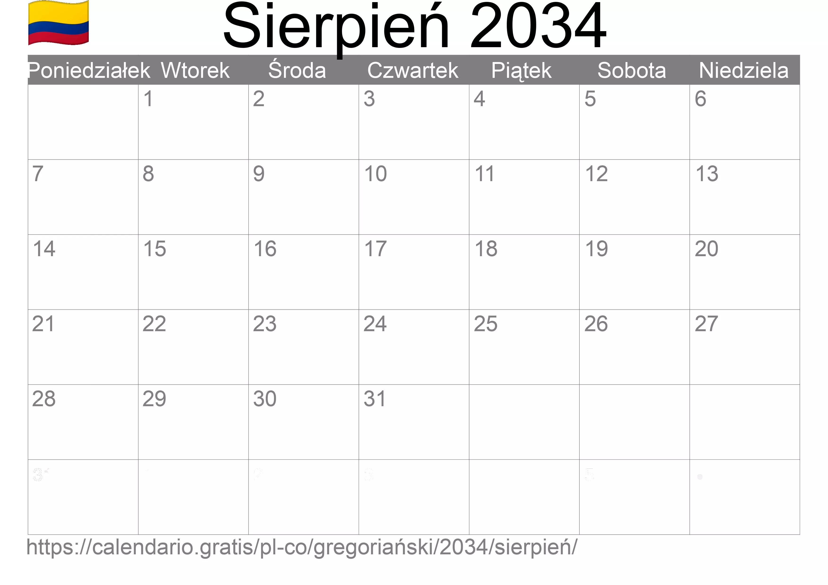Kalendarz na Sierpień 2034 do druku (Kolumbia) Kalendarz na Sierpień 2034 do druku (Kolumbia)