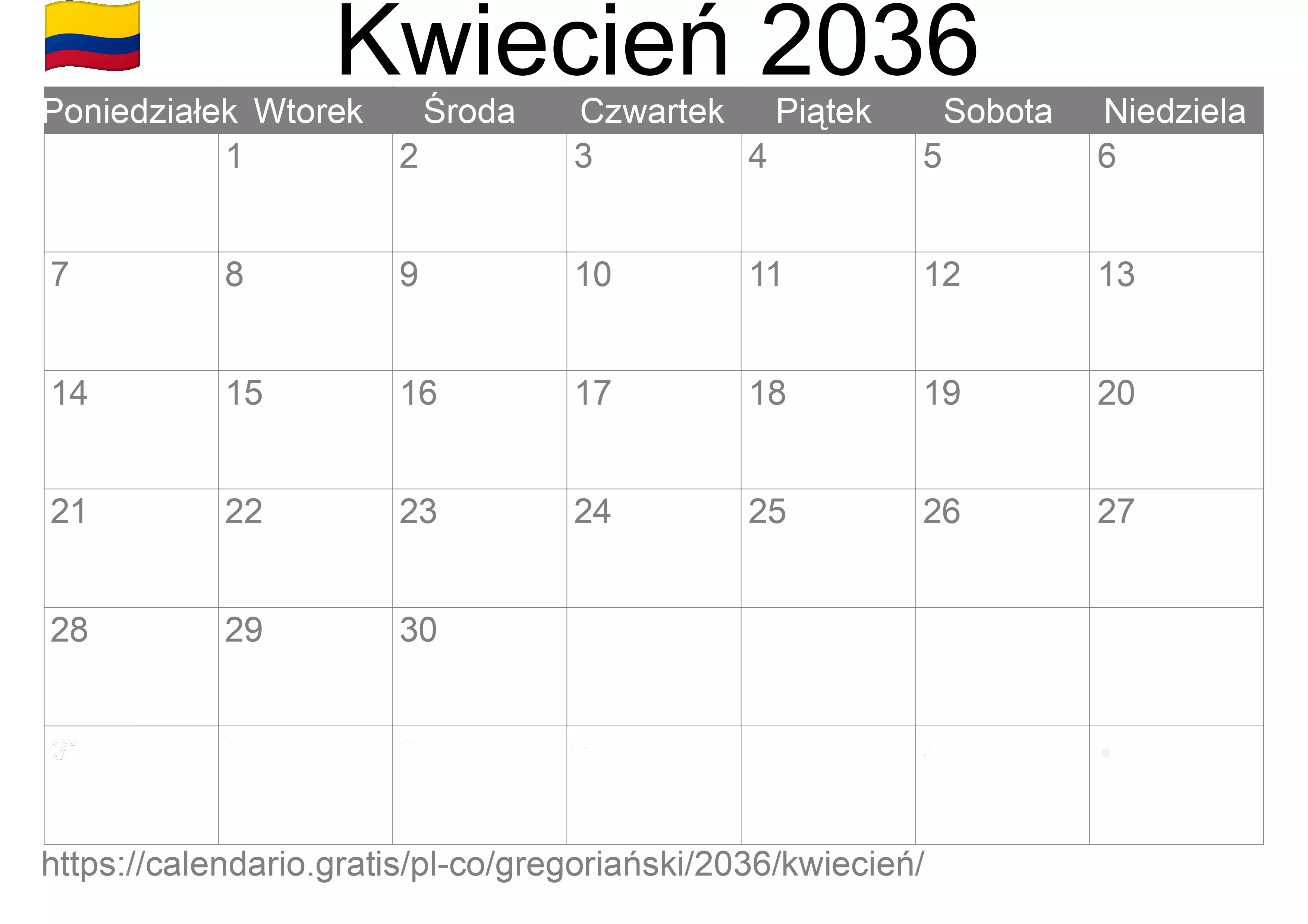 Kalendarz na Kwiecień 2036 do druku (Kolumbia)