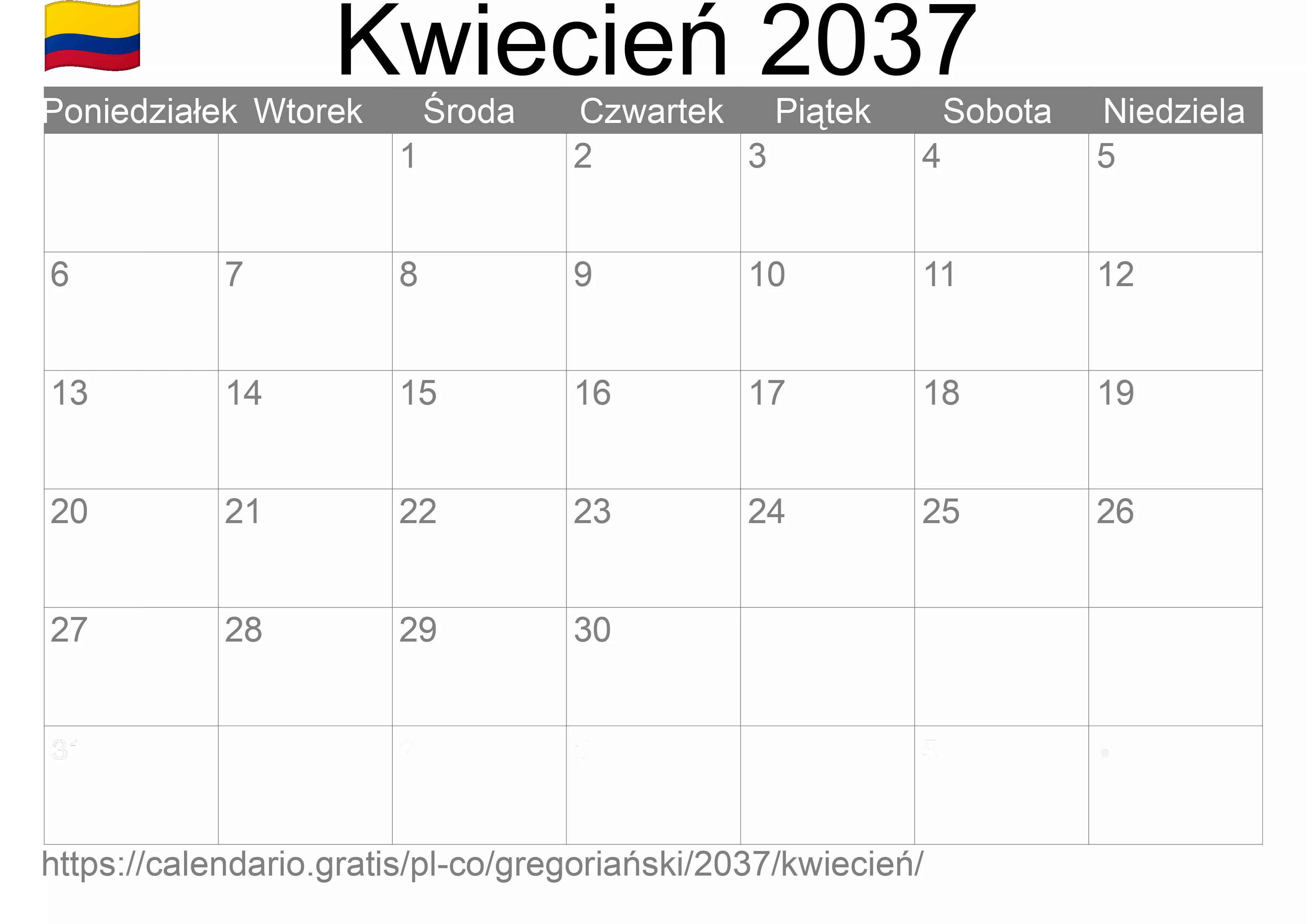Kalendarz na Kwiecień 2037 do druku (Kolumbia)