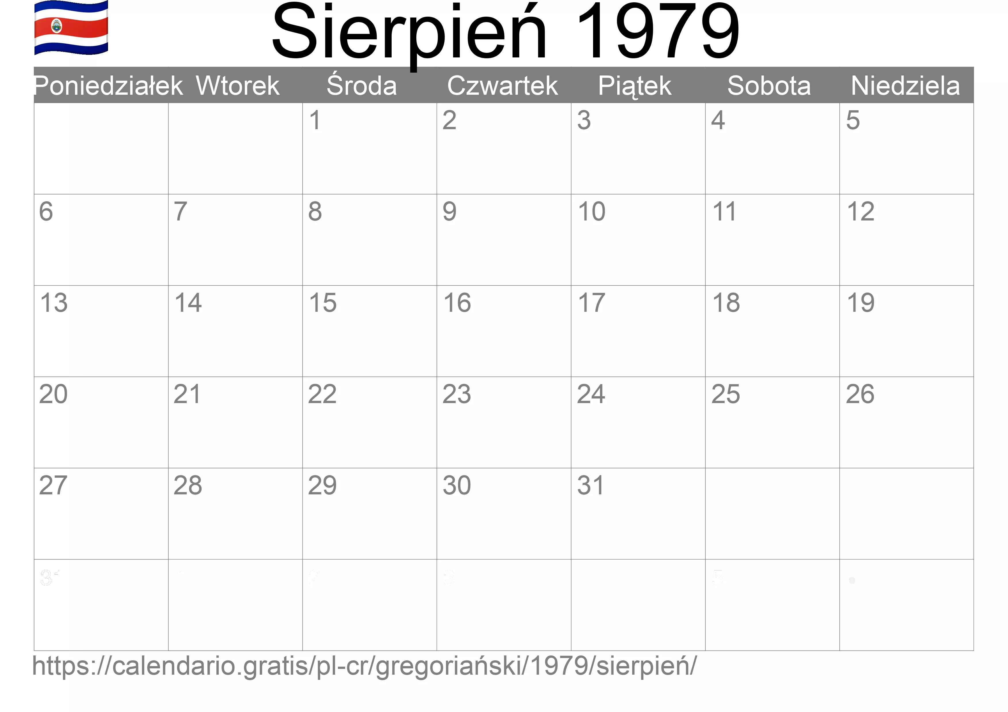 Kalendarz na Sierpień 1979 do druku (Kostaryka)