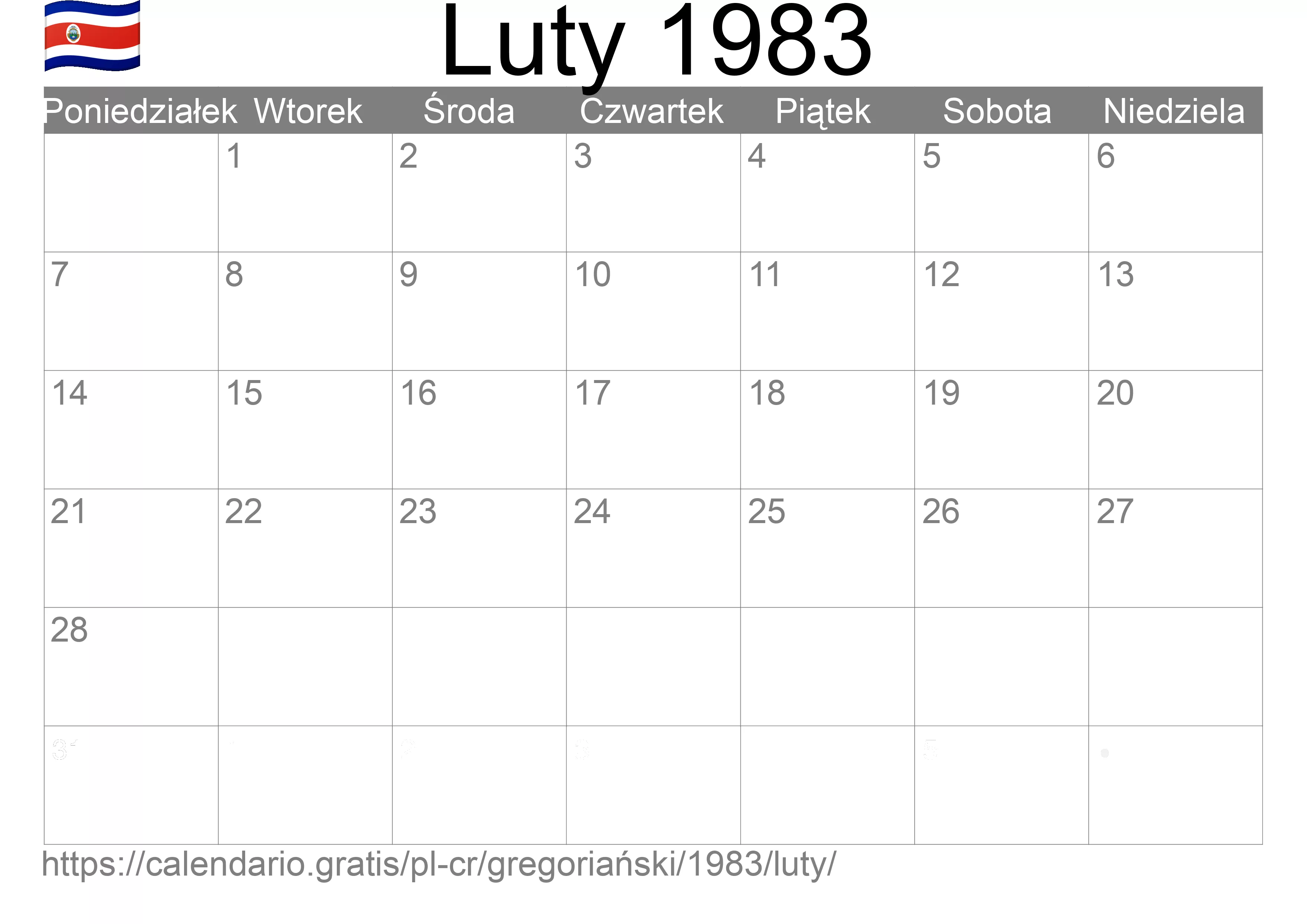 Kalendarz na Luty 1983 do druku (Kostaryka) Kalendarz na Luty 1983 do druku (Kostaryka)