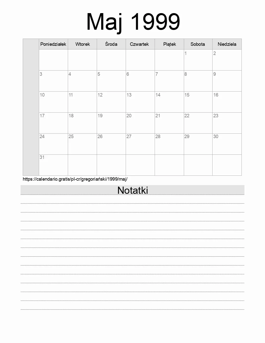 Kalendarz na Maj 1999 do druku z notatkami. (Kostaryka) Kalendarz na Maj 1999 do druku z notatkami. (Kostaryka)