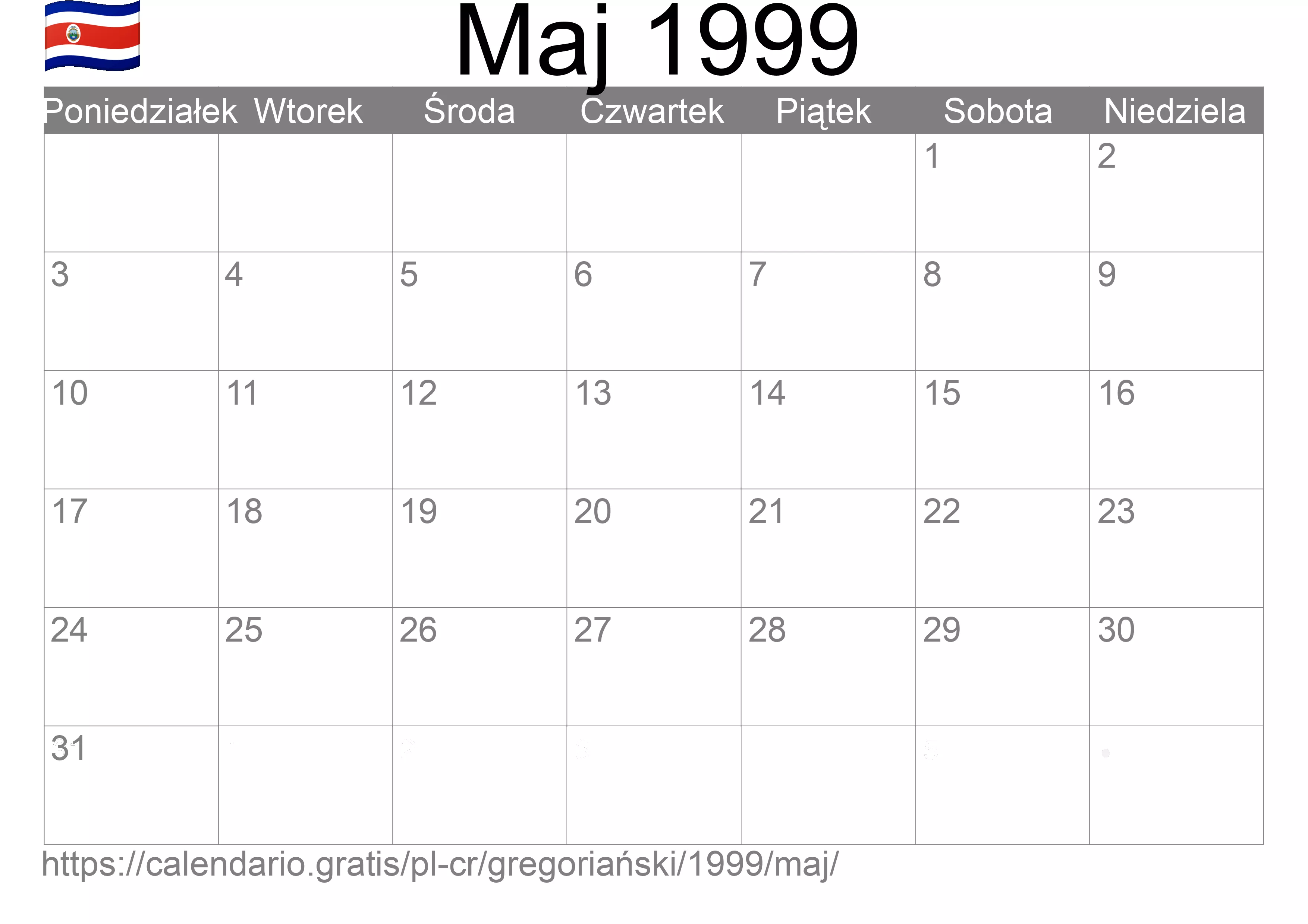 Kalendarz na Maj 1999 do druku (Kostaryka) Kalendarz na Maj 1999 do druku (Kostaryka)