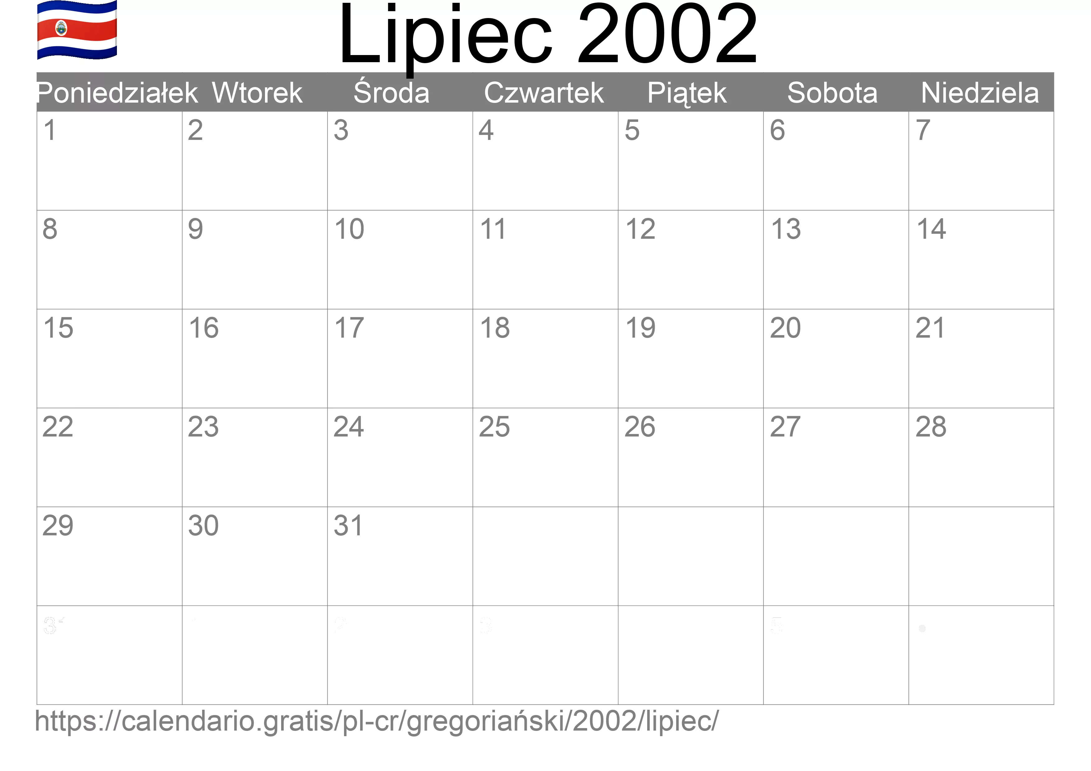 Kalendarz na Lipiec 2002 do druku (Kostaryka) Kalendarz na Lipiec 2002 do druku (Kostaryka)