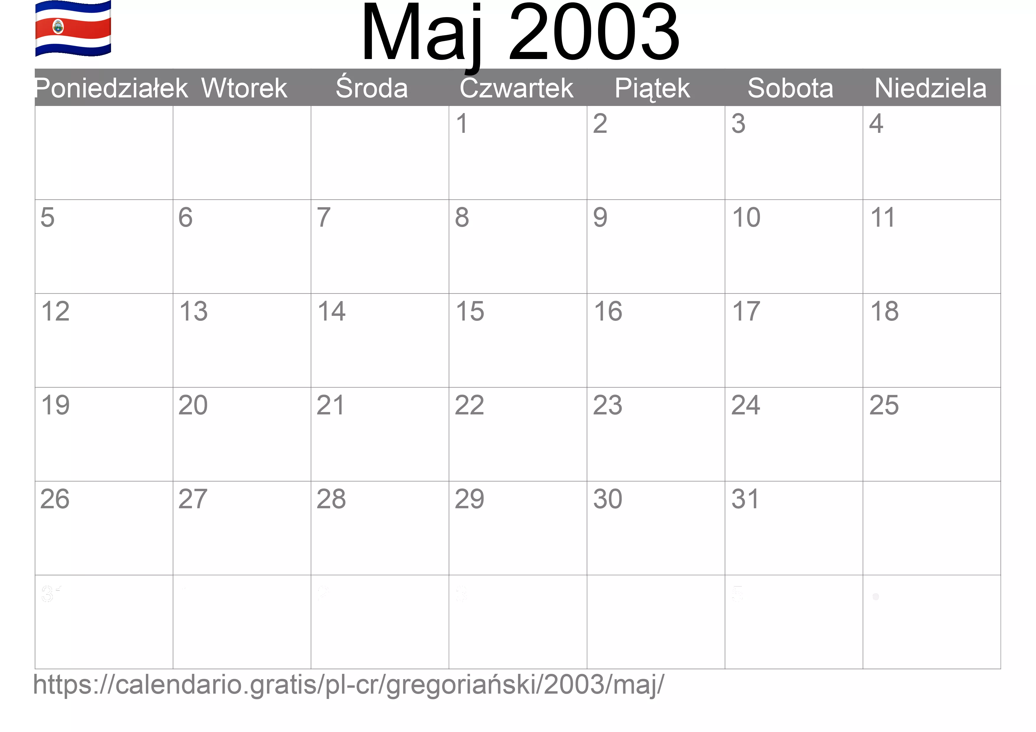 Kalendarz na Maj 2003 do druku (Kostaryka) Kalendarz na Maj 2003 do druku (Kostaryka)