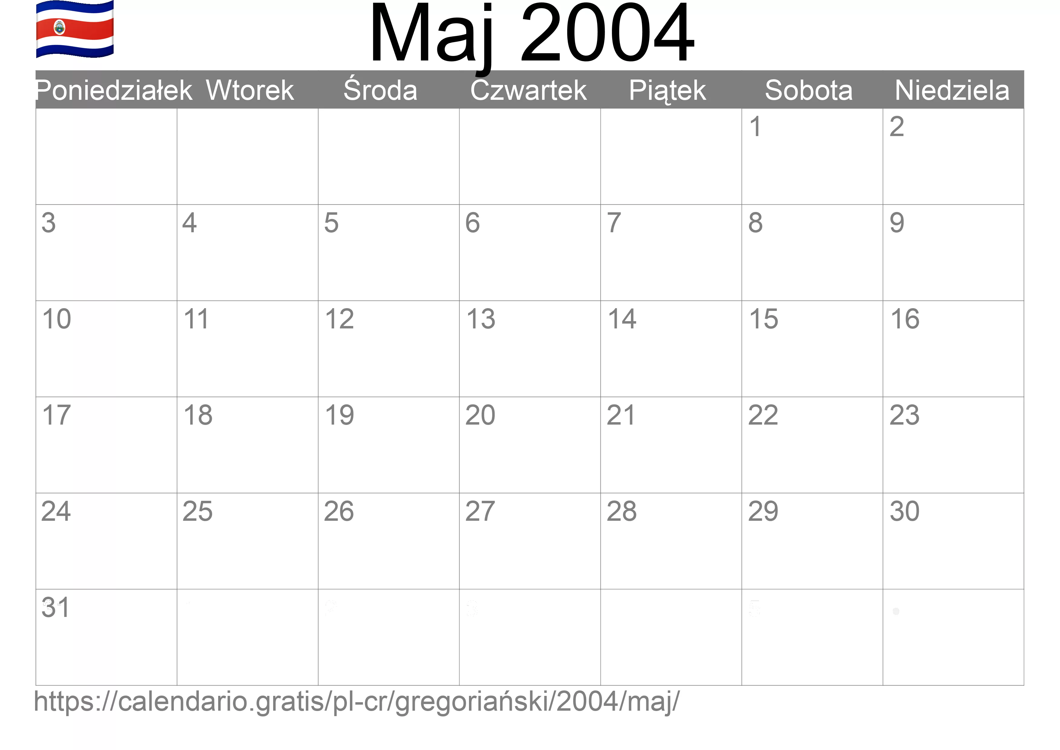Kalendarz na Maj 2004 do druku (Kostaryka) Kalendarz na Maj 2004 do druku (Kostaryka)