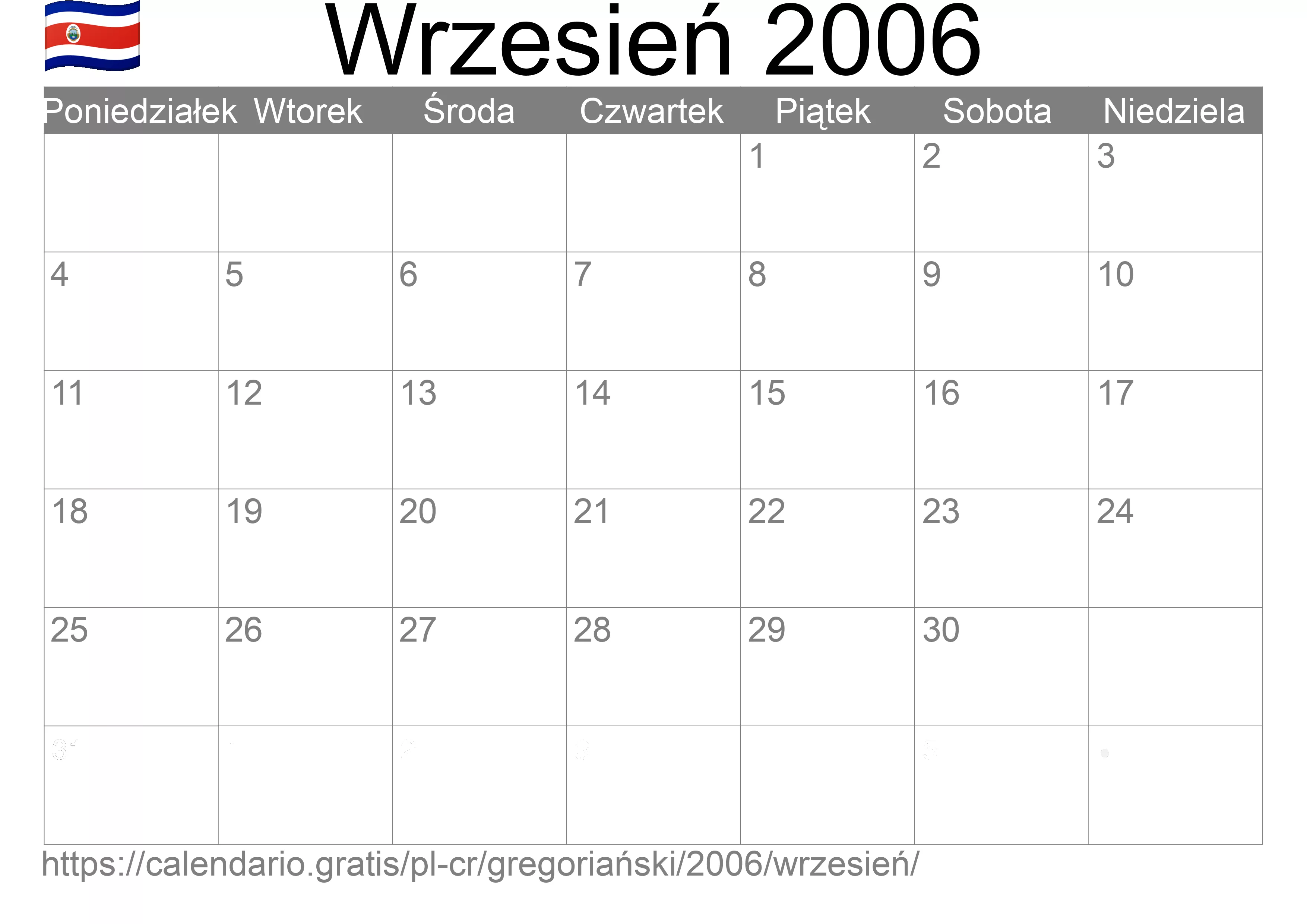 Kalendarz na Wrzesień 2006 do druku (Kostaryka)