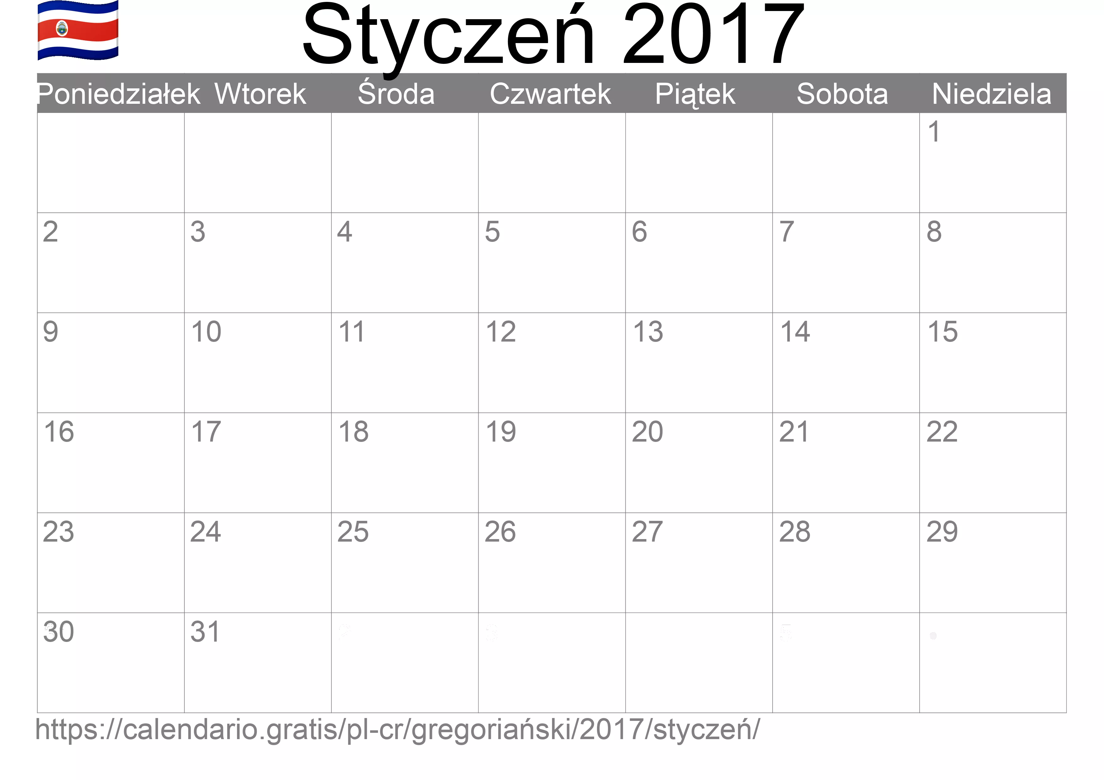 Kalendarz na Styczeń 2017 do druku (Kostaryka) Kalendarz na Styczeń 2017 do druku (Kostaryka)