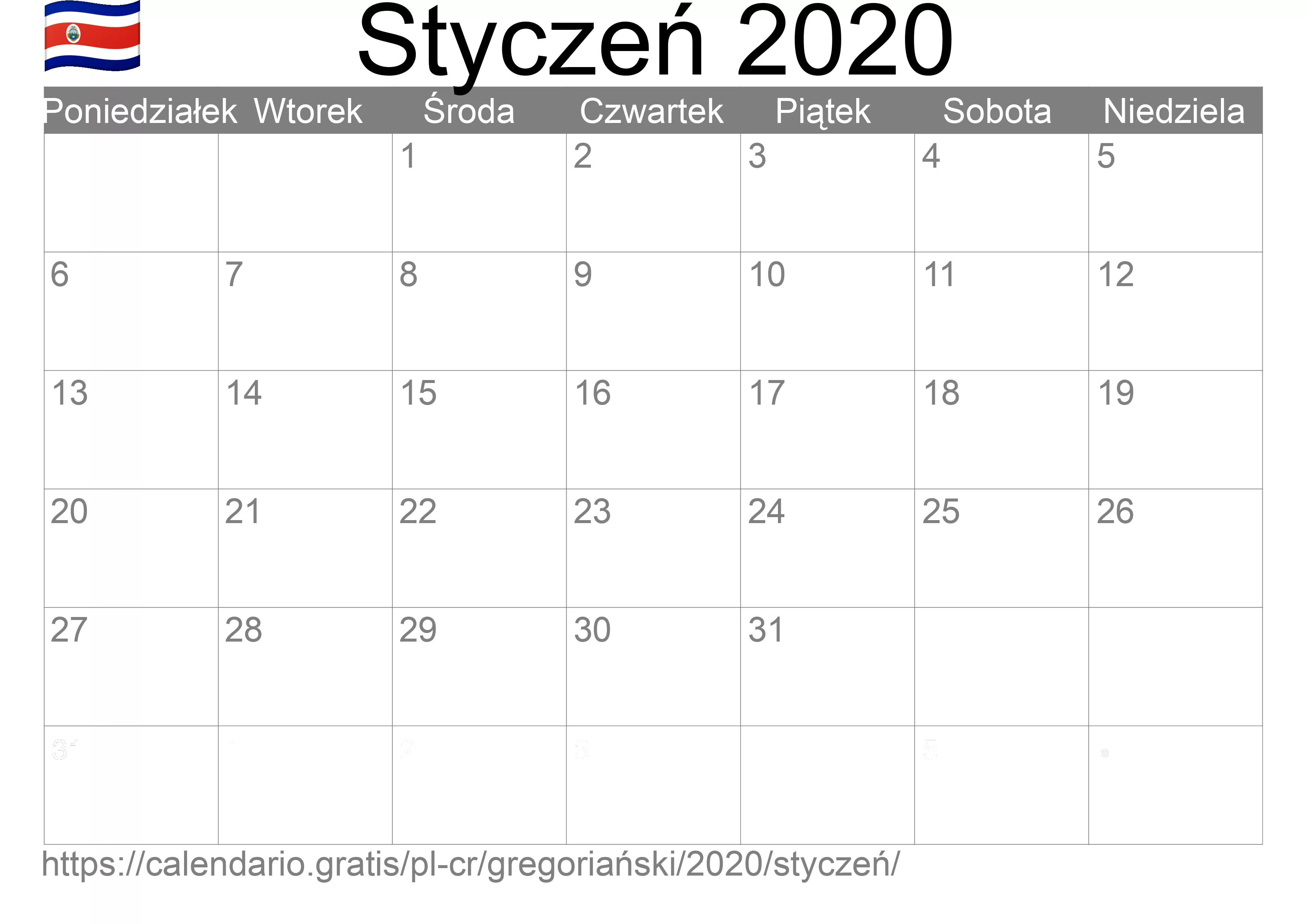 Kalendarz na Styczeń 2020 do druku (Kostaryka) Kalendarz na Styczeń 2020 do druku (Kostaryka)