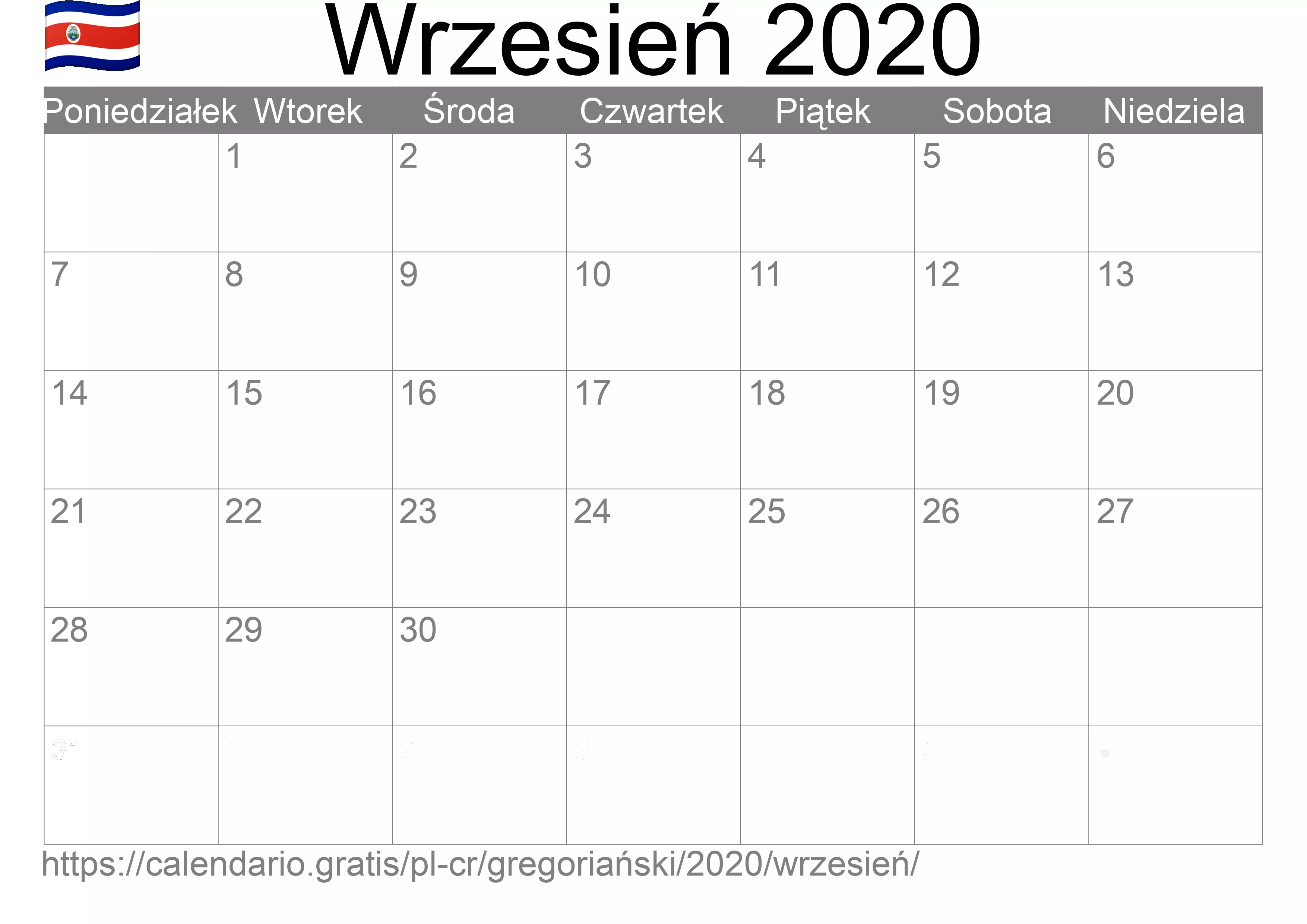 Kalendarz na Wrzesień 2020 do druku (Kostaryka) Kalendarz na Wrzesień 2020 do druku (Kostaryka)