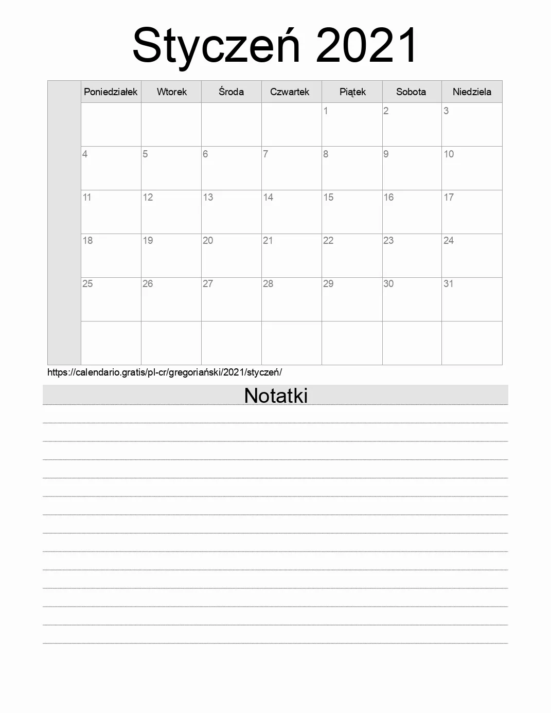 Kalendarz na Styczeń 2021 do druku z notatkami. (Kostaryka) Kalendarz na Styczeń 2021 do druku z notatkami. (Kostaryka)