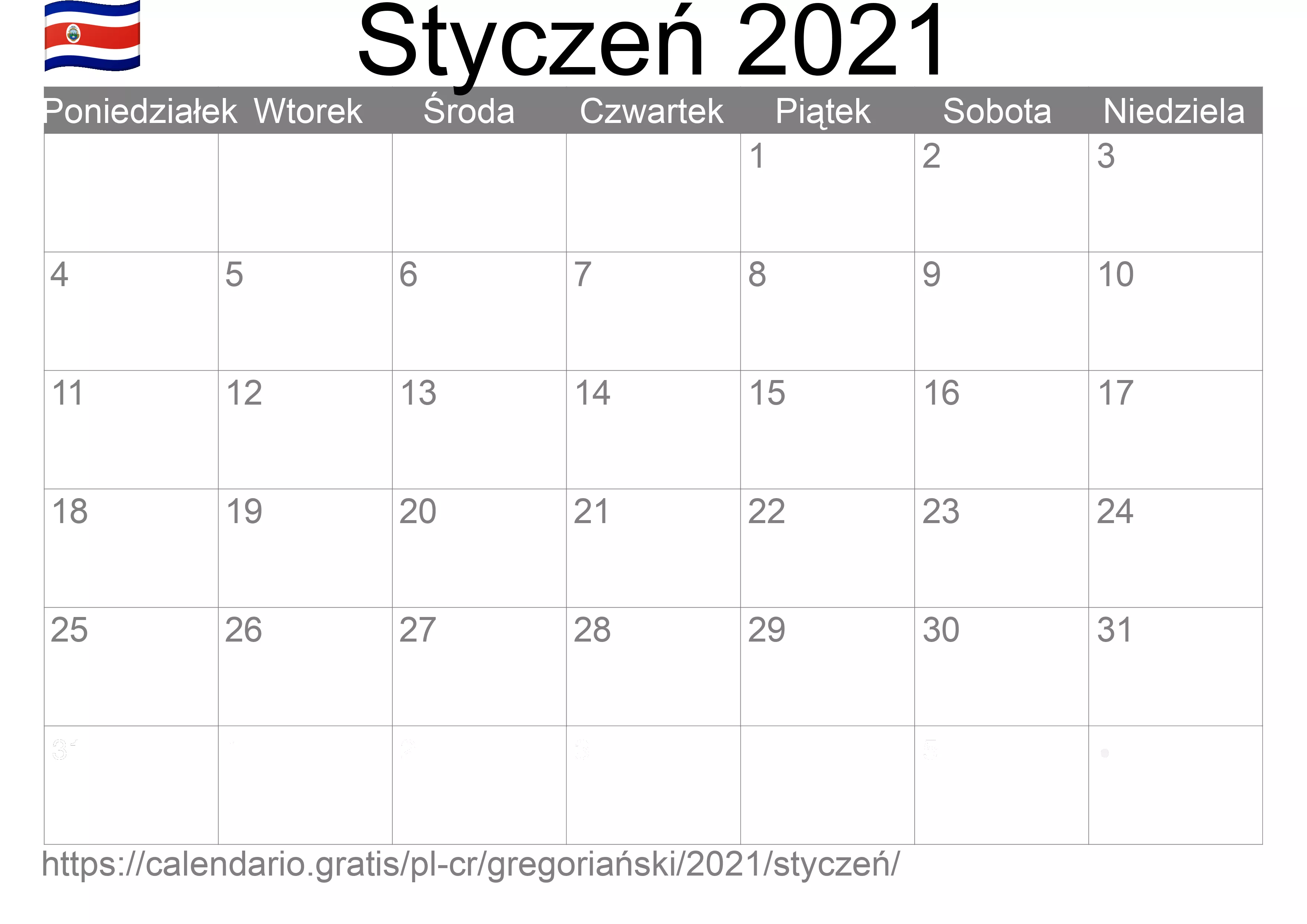 Kalendarz na Styczeń 2021 do druku (Kostaryka) Kalendarz na Styczeń 2021 do druku (Kostaryka)