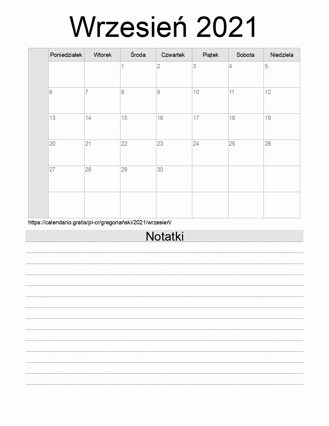 Kalendarz na Wrzesień 2021 do druku z notatkami. (Kostaryka) Kalendarz na Wrzesień 2021 do druku z notatkami. (Kostaryka)