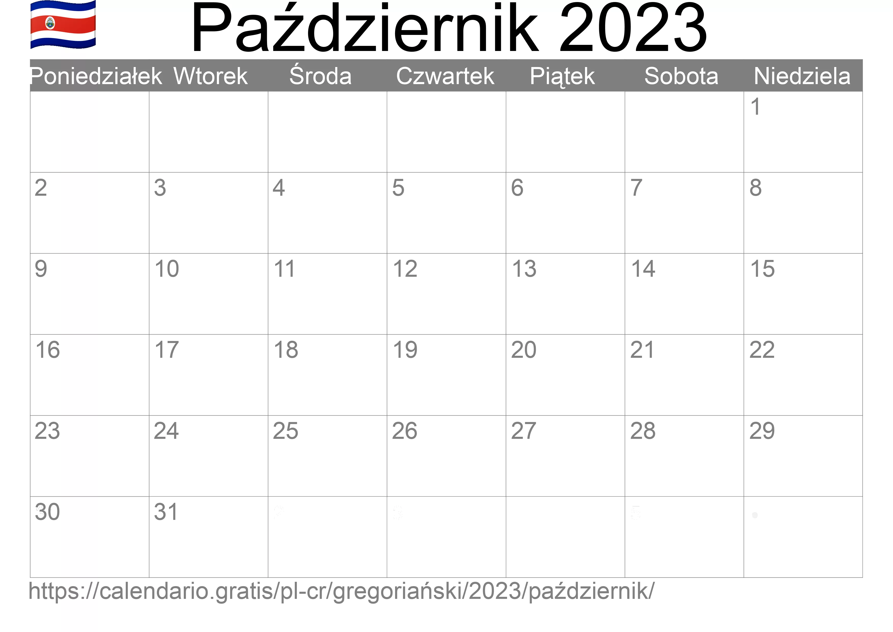 Kalendarz na Październik 2023 do druku (Kostaryka) Kalendarz na Październik 2023 do druku (Kostaryka)