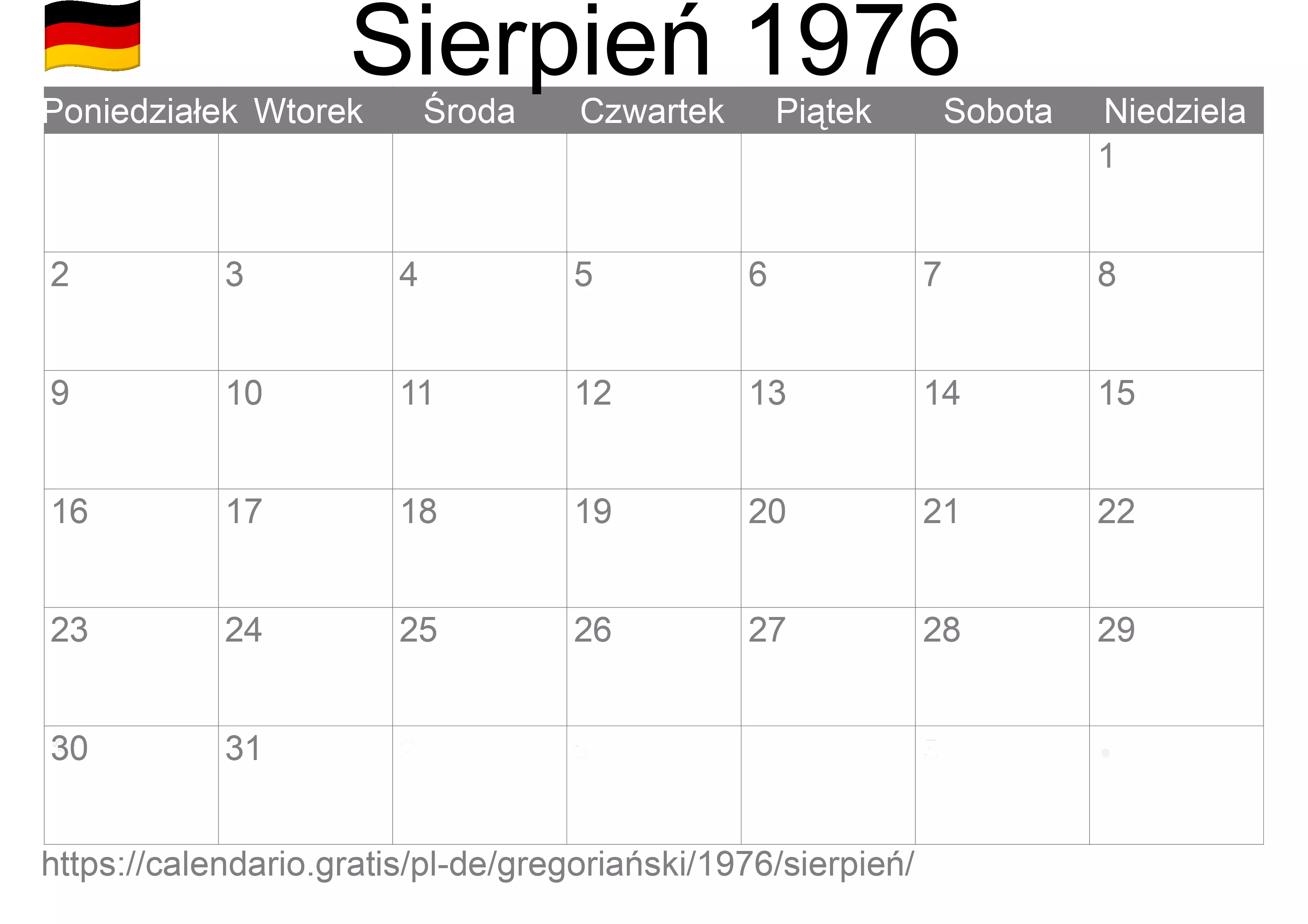 Kalendarz na Sierpień 1976 do druku (Niemcy)