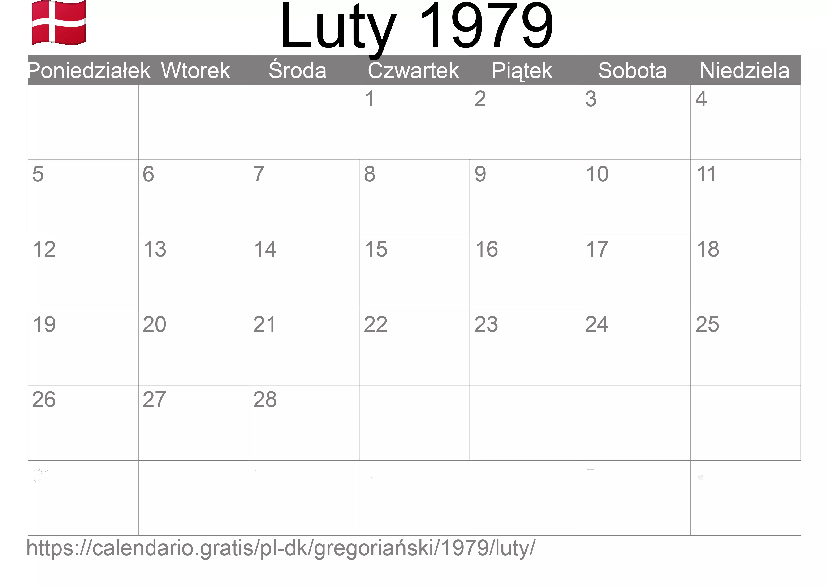 Kalendarz na Luty 1979 do druku (Dania)