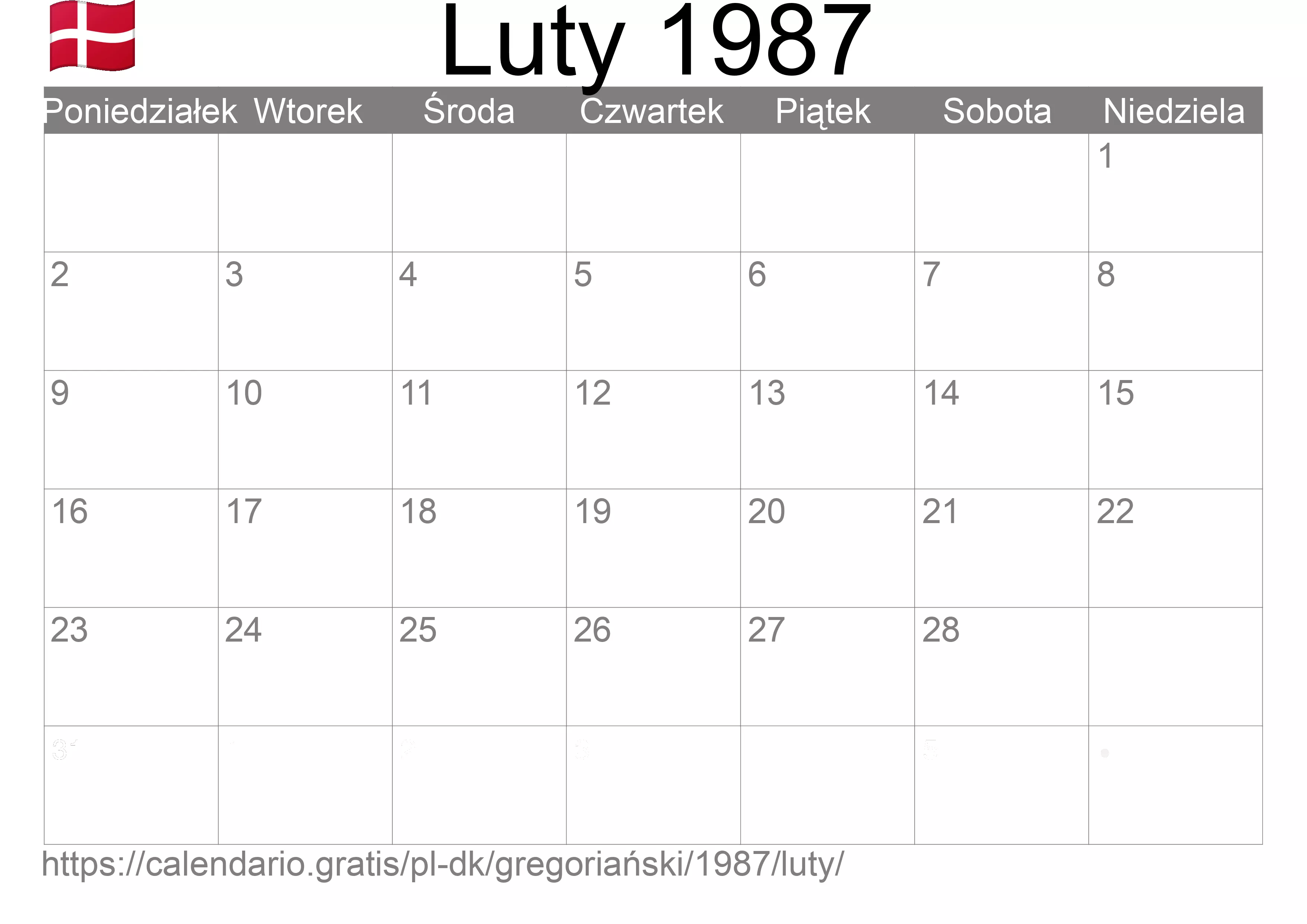 Kalendarz na Luty 1987 do druku (Dania)
