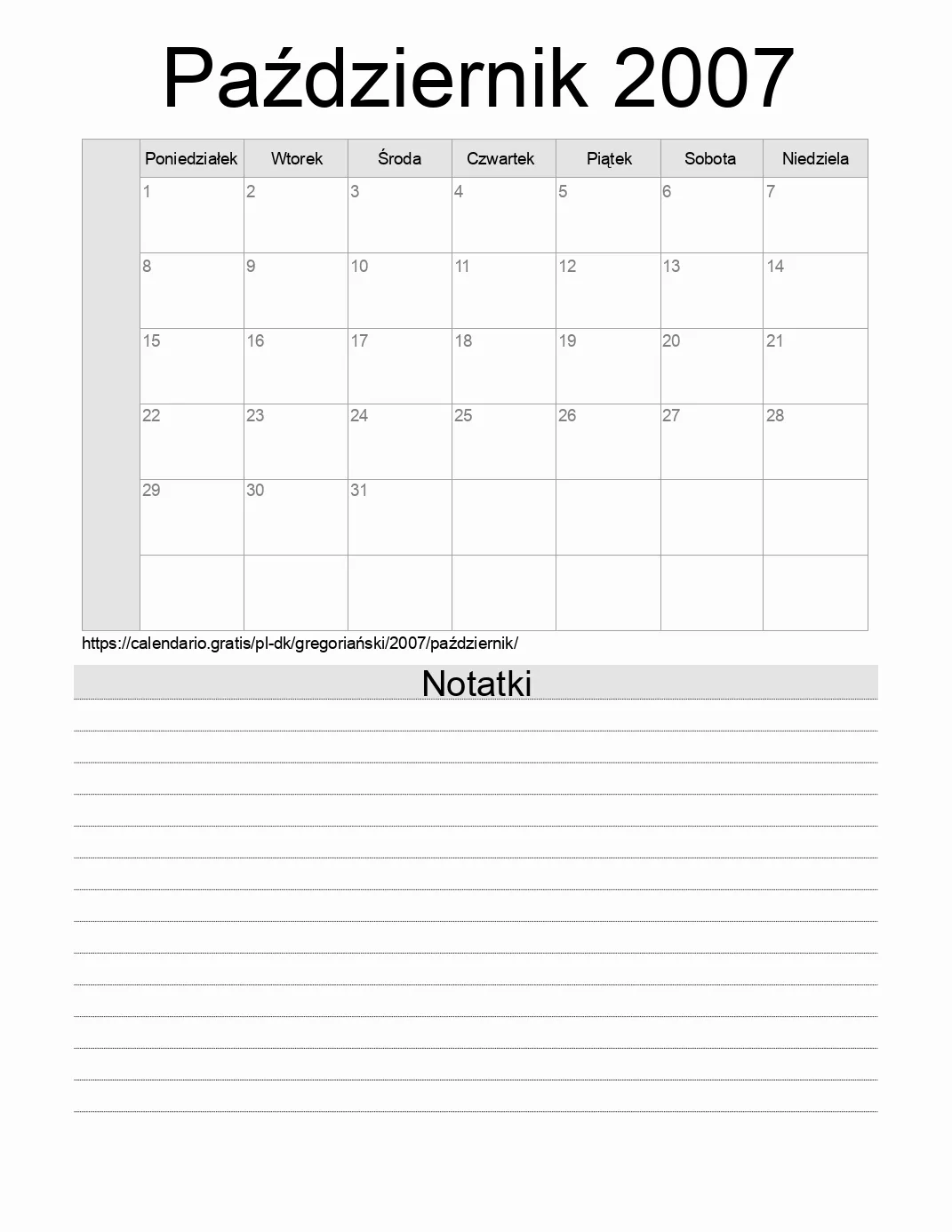 Kalendarz na Październik 2007 do druku z notatkami. (Dania) Kalendarz na Październik 2007 do druku z notatkami. (Dania)