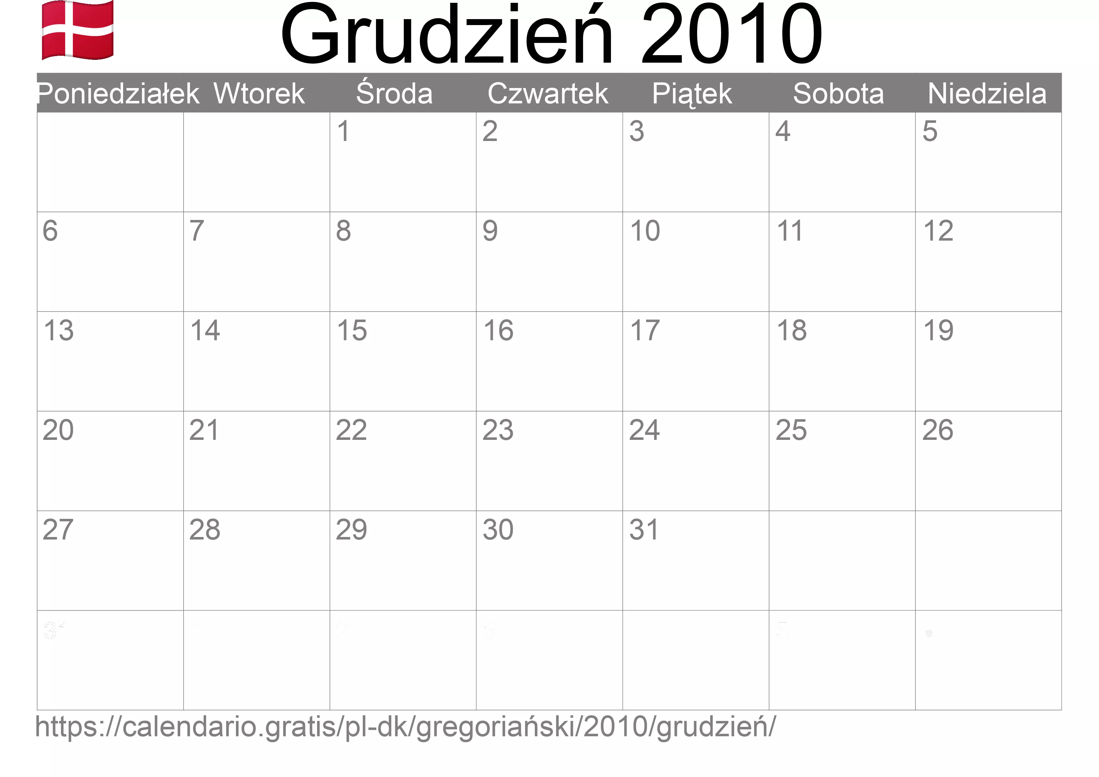 Kalendarz na Grudzień 2010 do druku (Dania) Kalendarz na Grudzień 2010 do druku (Dania)