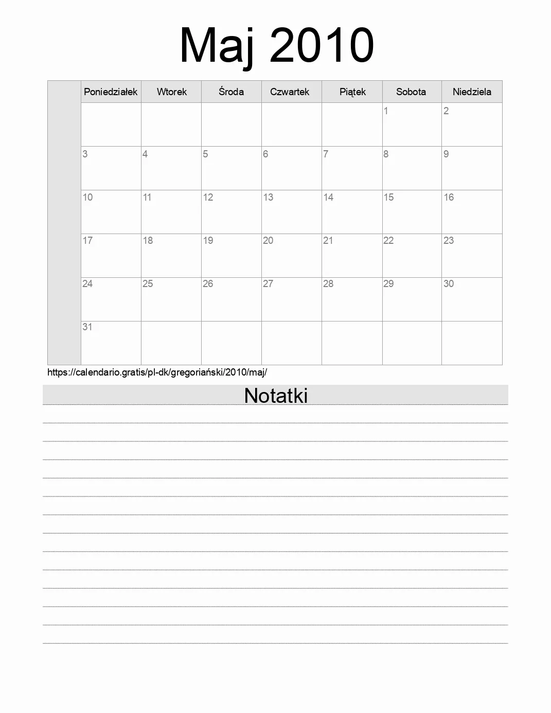 Kalendarz na Maj 2010 do druku z notatkami. (Dania) Kalendarz na Maj 2010 do druku z notatkami. (Dania)