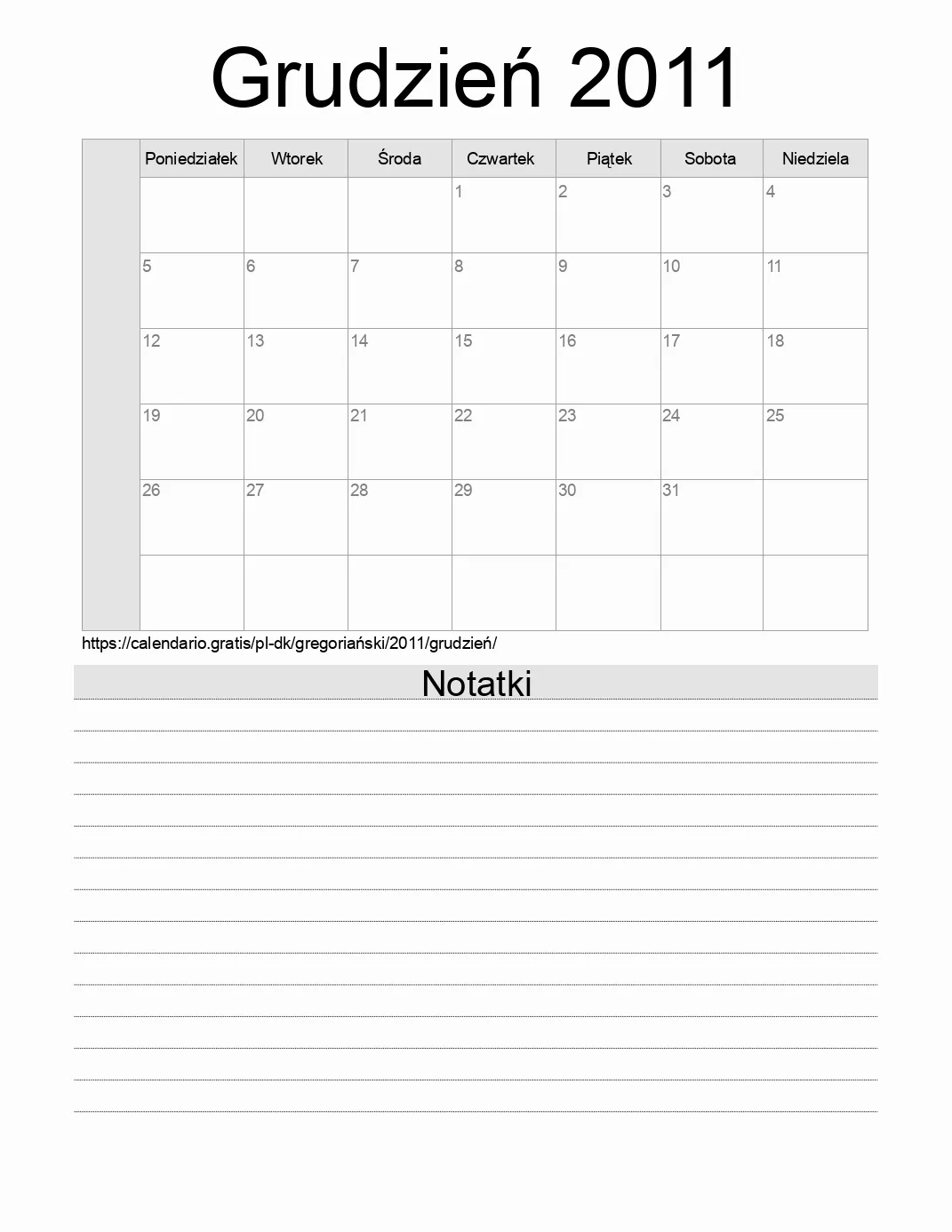 Kalendarz na Grudzień 2011 do druku z notatkami. (Dania) Kalendarz na Grudzień 2011 do druku z notatkami. (Dania)