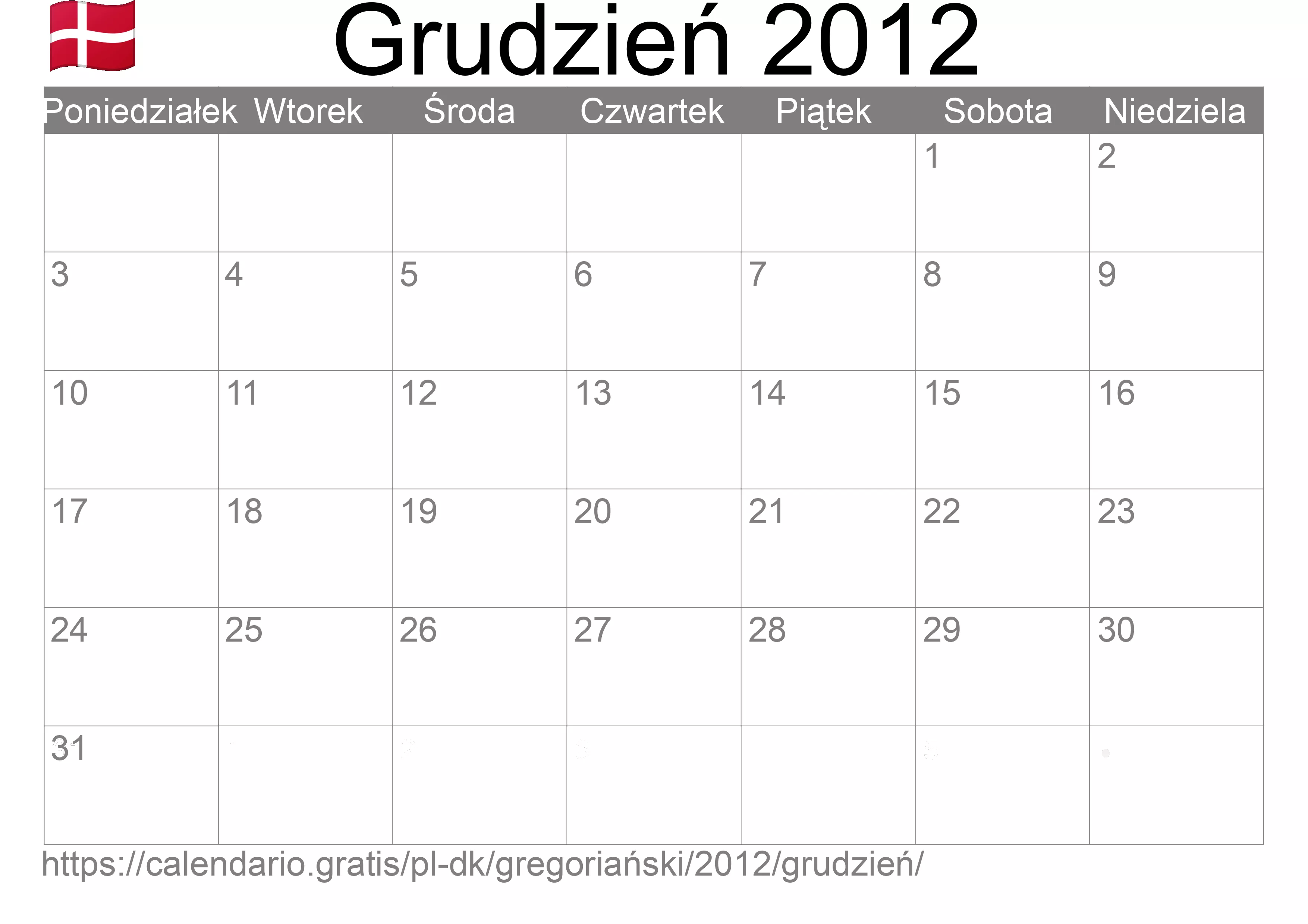 Kalendarz na Grudzień 2012 do druku (Dania) Kalendarz na Grudzień 2012 do druku (Dania)