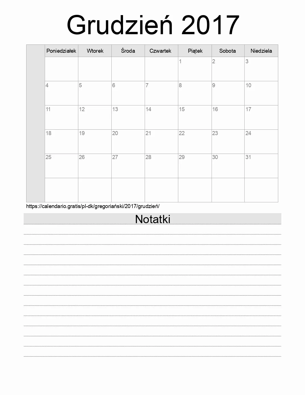 Kalendarz na Grudzień 2017 do druku z notatkami. (Dania) Kalendarz na Grudzień 2017 do druku z notatkami. (Dania)