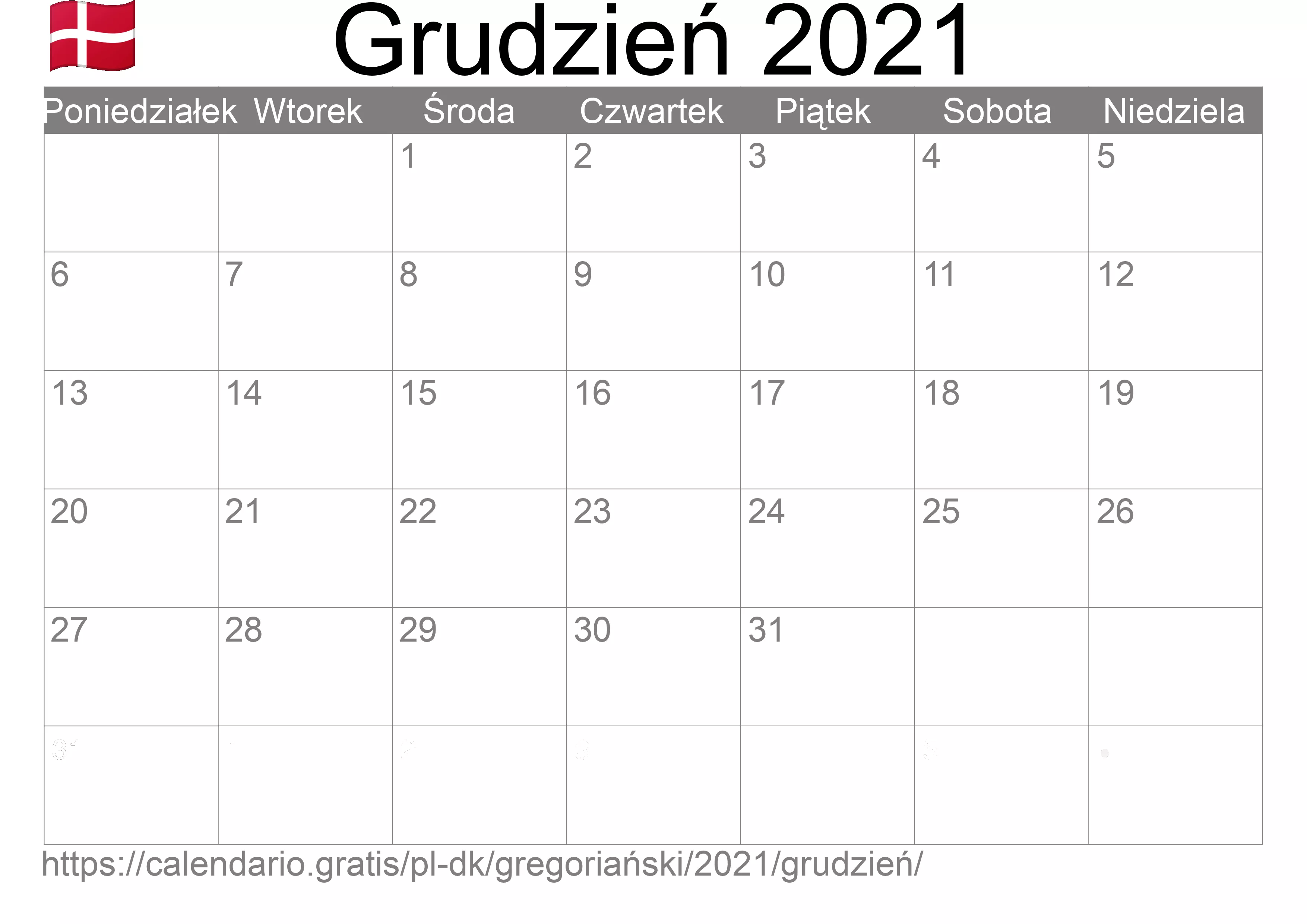 Kalendarz na Grudzień 2021 do druku (Dania) Kalendarz na Grudzień 2021 do druku (Dania)