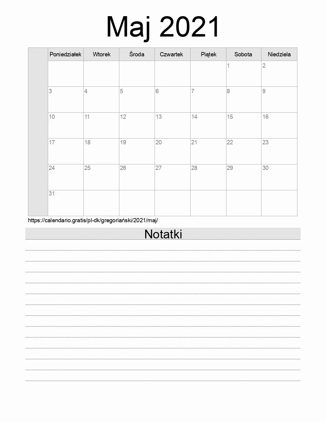 Kalendarz na Maj 2021 do druku z notatkami. (Dania) Kalendarz na Maj 2021 do druku z notatkami. (Dania)