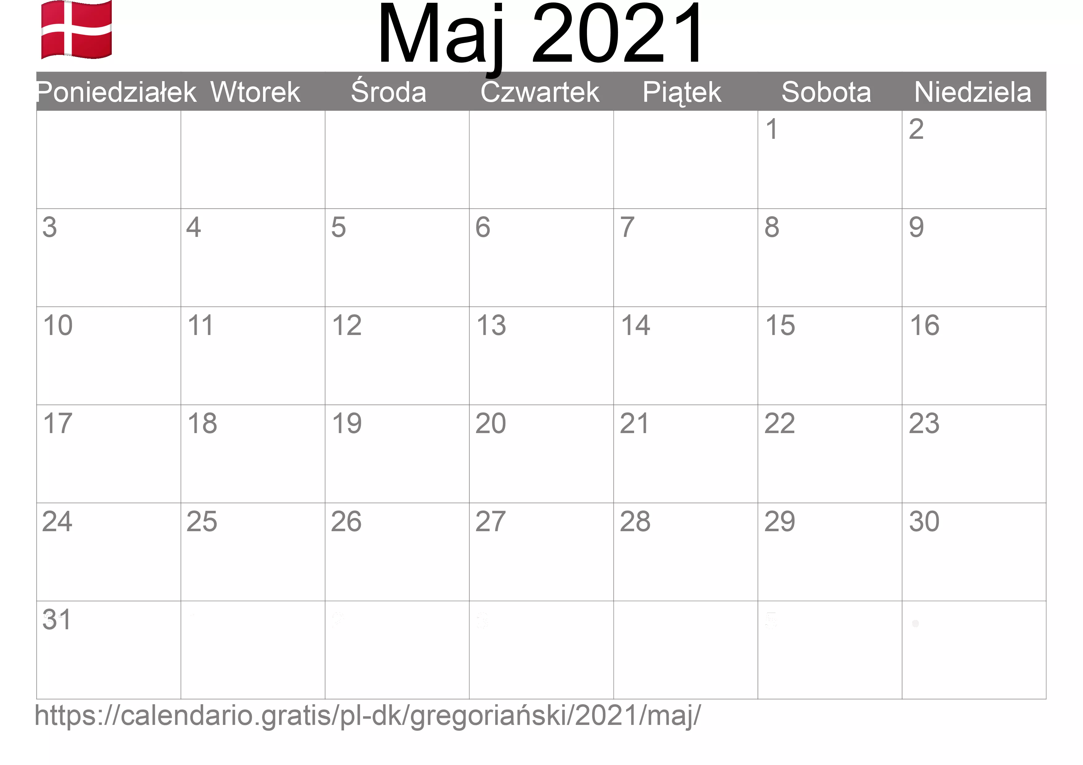 Kalendarz na Maj 2021 do druku (Dania) Kalendarz na Maj 2021 do druku (Dania)