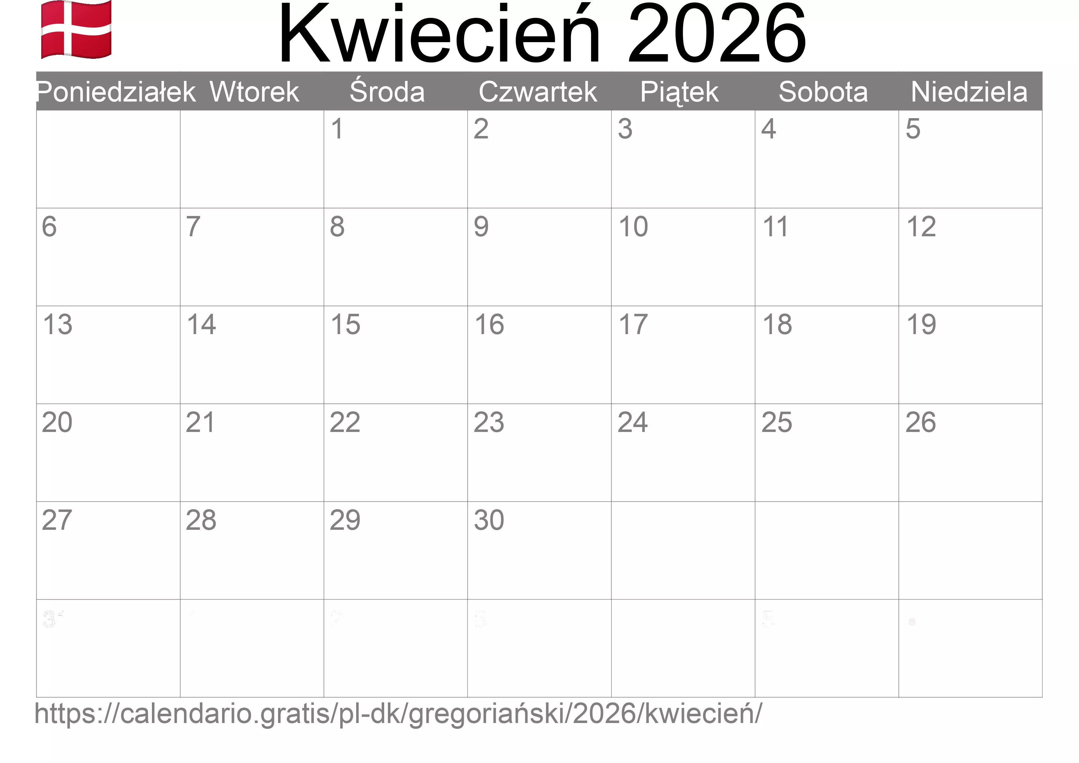Kalendarz na Kwiecień 2026 do druku (Dania)