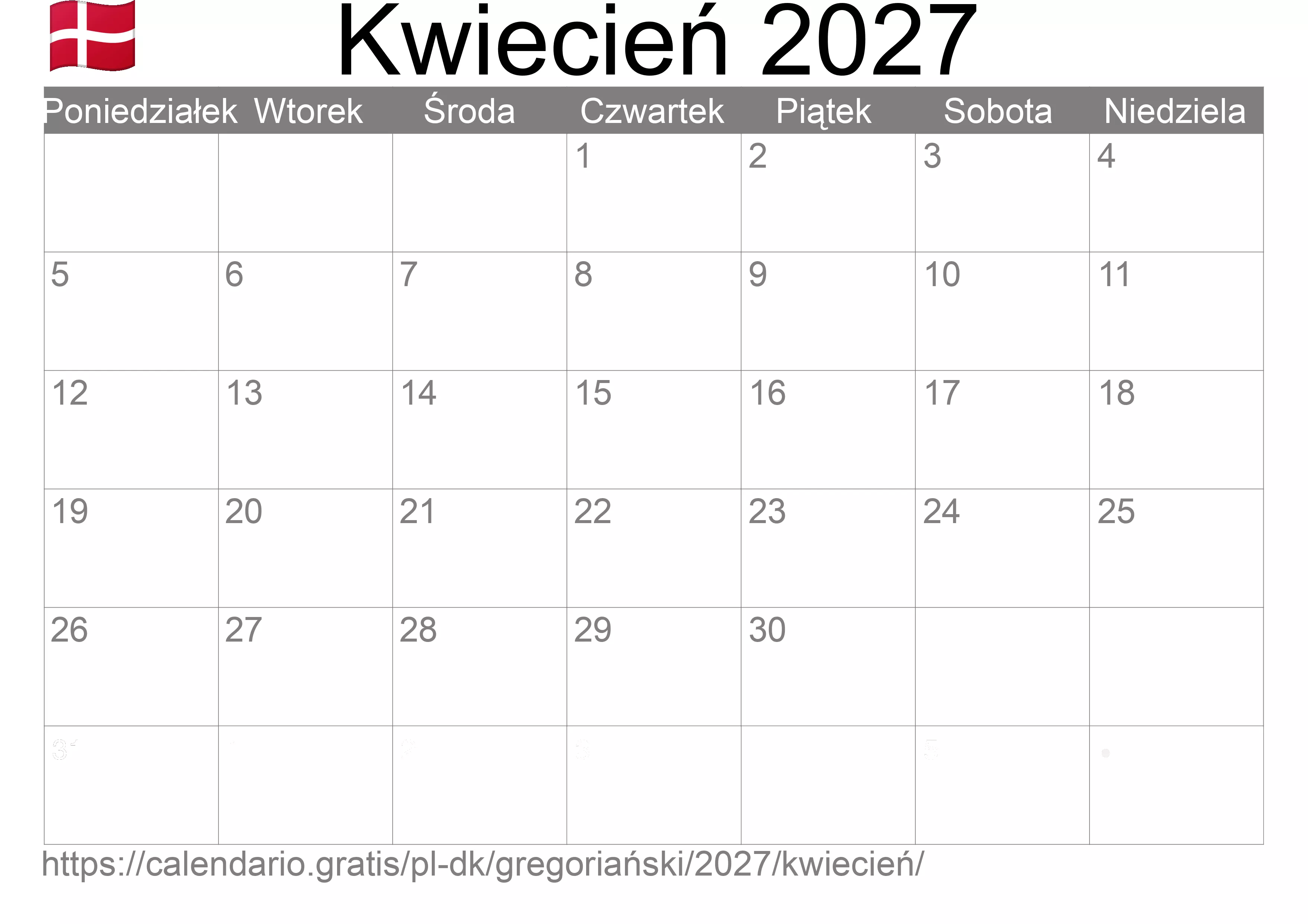 Kalendarz na Kwiecień 2027 do druku (Dania)
